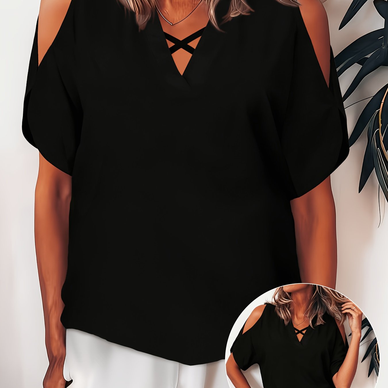 TEMU Chemise Blouse Grande Taille à Épaules Dénudées et Col en V - Haut à Manches Ajourées et Col , Noir Uni Non Extensible Lavable en Machine, Tenue
