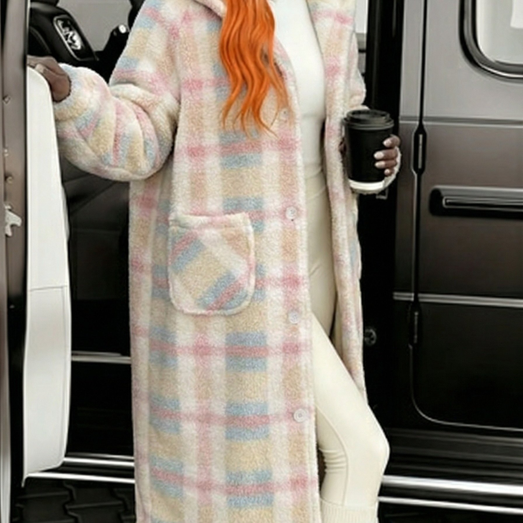 Jacket For Women, Autumn And , Thickened And -lined Long Coat, Cute And Sweet , Colorful Plaid Home Christmas Jacket, Fashionable Color-block Striped Coat