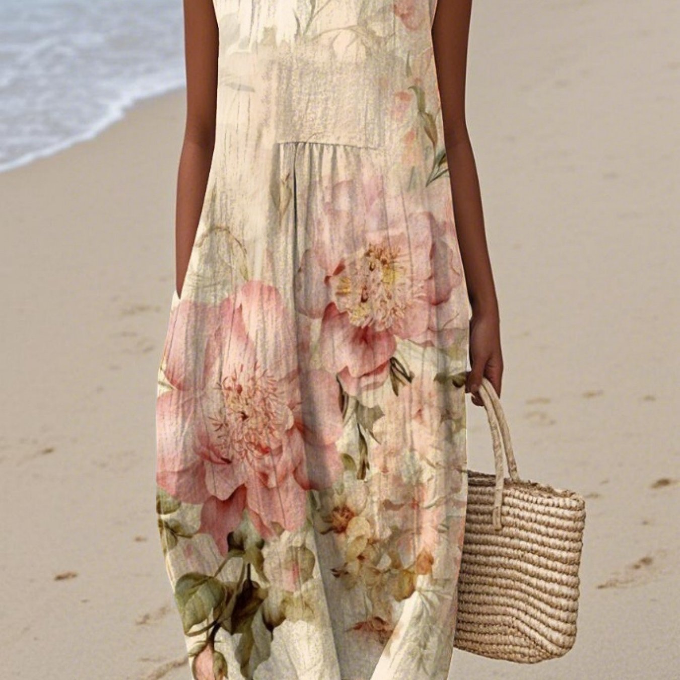 TEMU Plus Size - Plus Size - Plus Size Women Sleeveless Tank Dress Loose Fit Casual Crew Neck With Side Pockets, Watercolor Peony Floral Print Midi