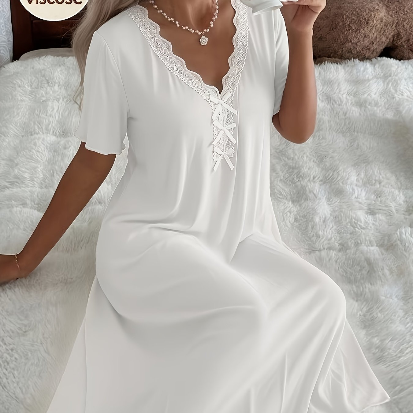 Women's Rayon Modal Lace V-neck Bow Stretchy Nightgown, Super Soft