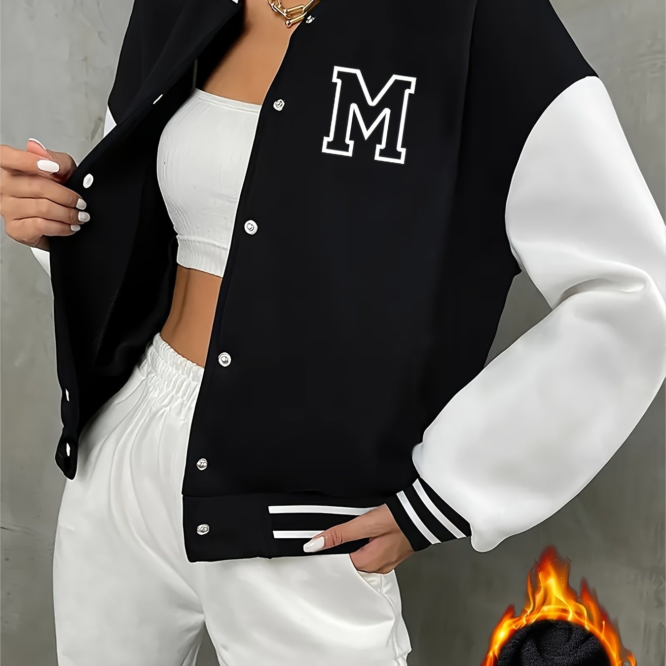 TEMU Veste de baseball à de couleur avec lettre décorative M, cardigan boutonné à manches longues, coupe-vent décontracté et sportif pour femme