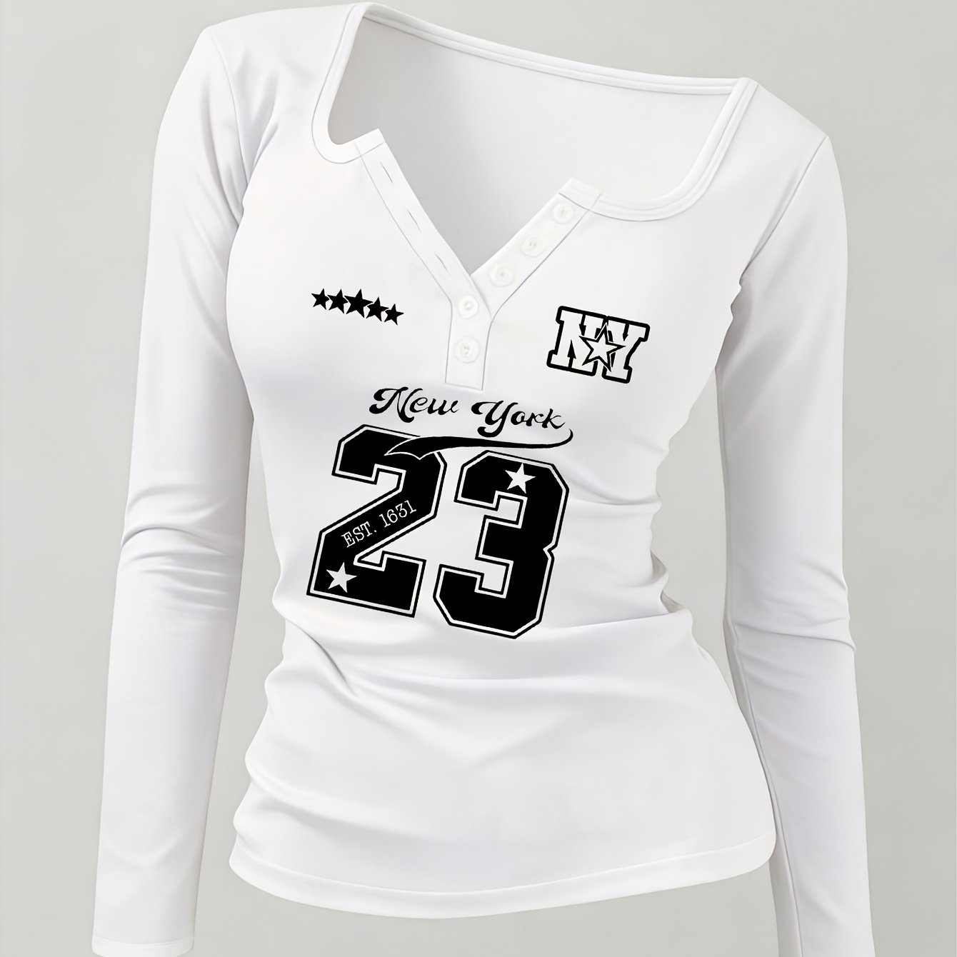 TEMU Ball Jersey Pattern Women's Hot Outfit, Button-up Hot Sexy Design Non-v-neck Women's Long Sleeve T-shirt, A Revealing