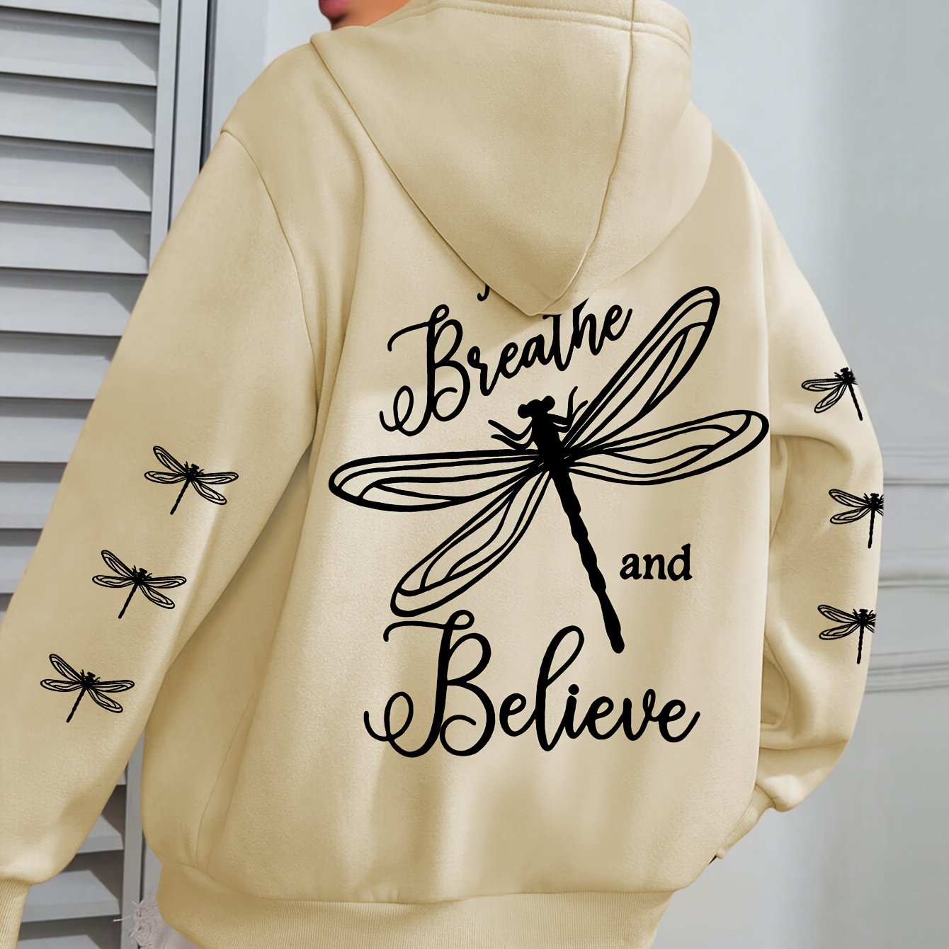 TEMU Plus Size, Plus Size Believe Print Hoodie, Casual Long Sleeve With Pocket Hooded Sweatshirt For Winter & Fall, Designed For Women, Women's Plus