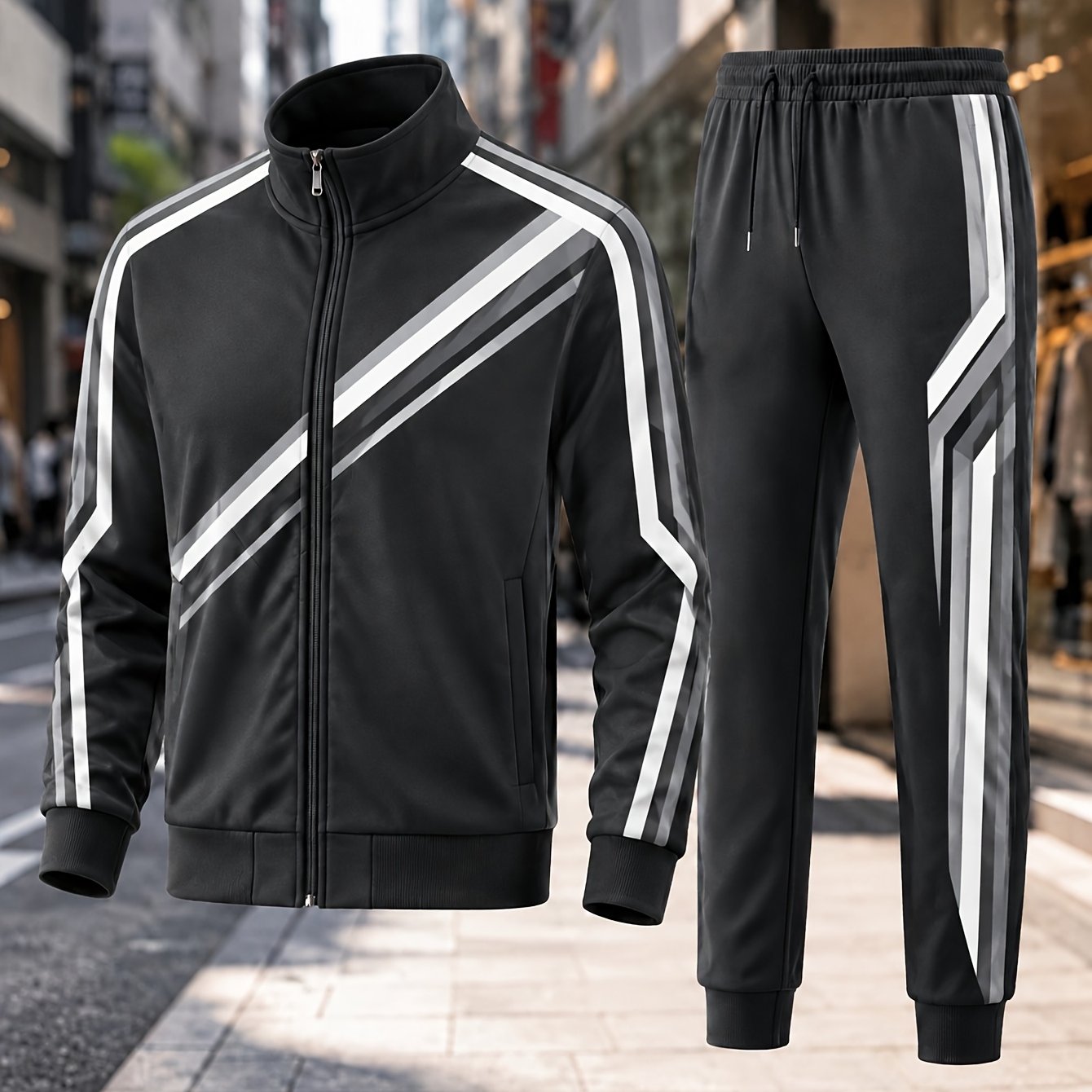 Image of New Styles For Autumn And Winter Men's Sporty Casual Set Black Zip-up Stand Collar Jacket And Drawstring Jogger Pants Geometric For Workout Running And Streetwear