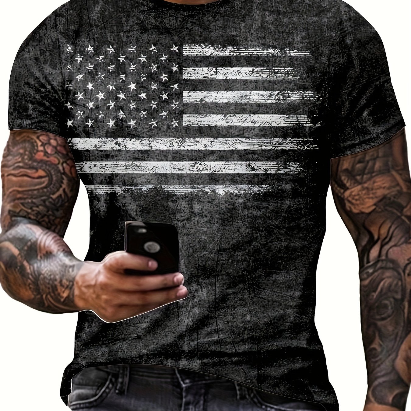 TEMU Men's Flag Graphic Print T-shirt, Casual Short Sleeve Crew Neck Tee, Men's Clothing For Summer Outdoor Streetwear