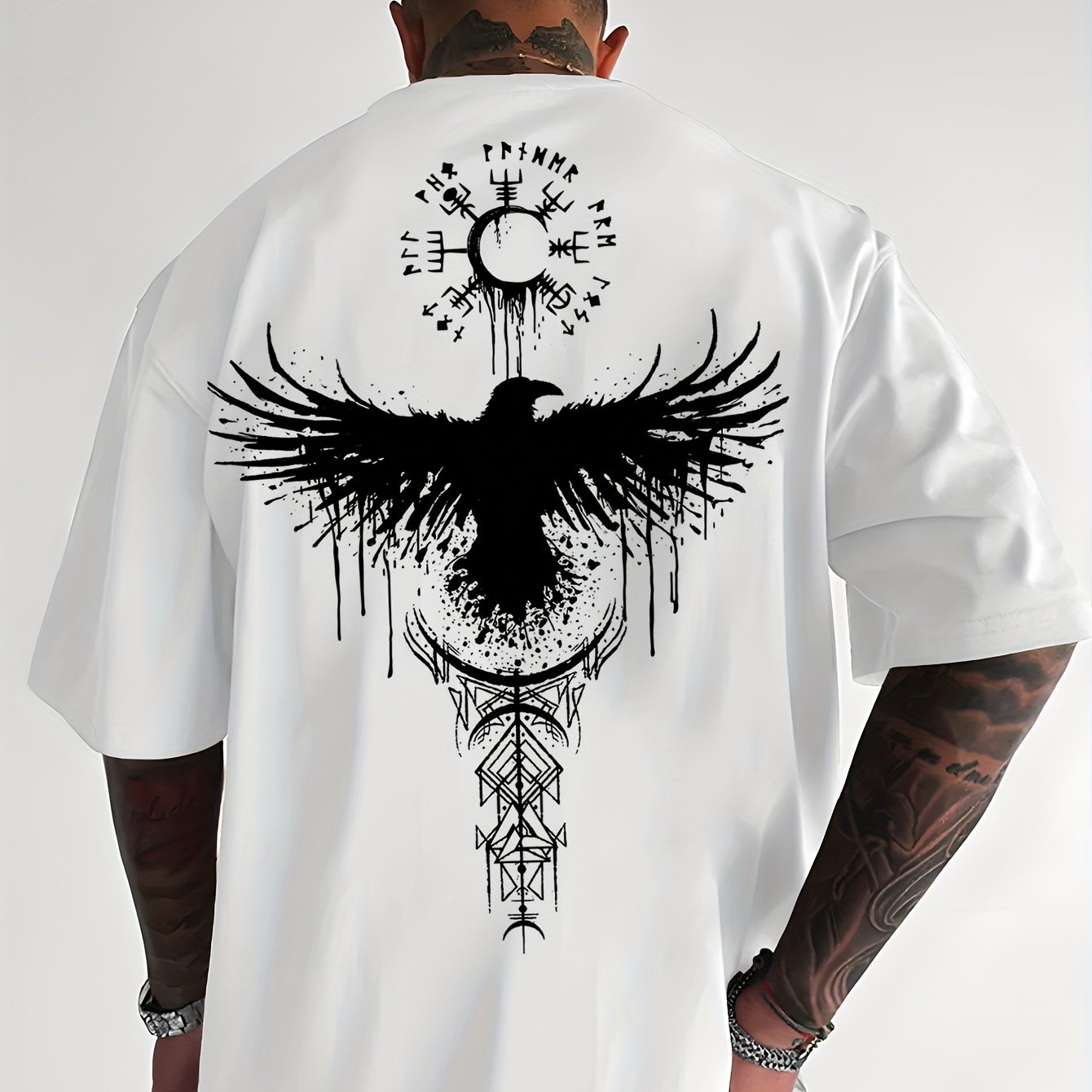 Image of Crow Totem Print T-shirt, Loose Fit T-shirt, Comfortable And Breathable, Summer Outdoor, Casual Wear, Streetwear, Youth Street T-shirt