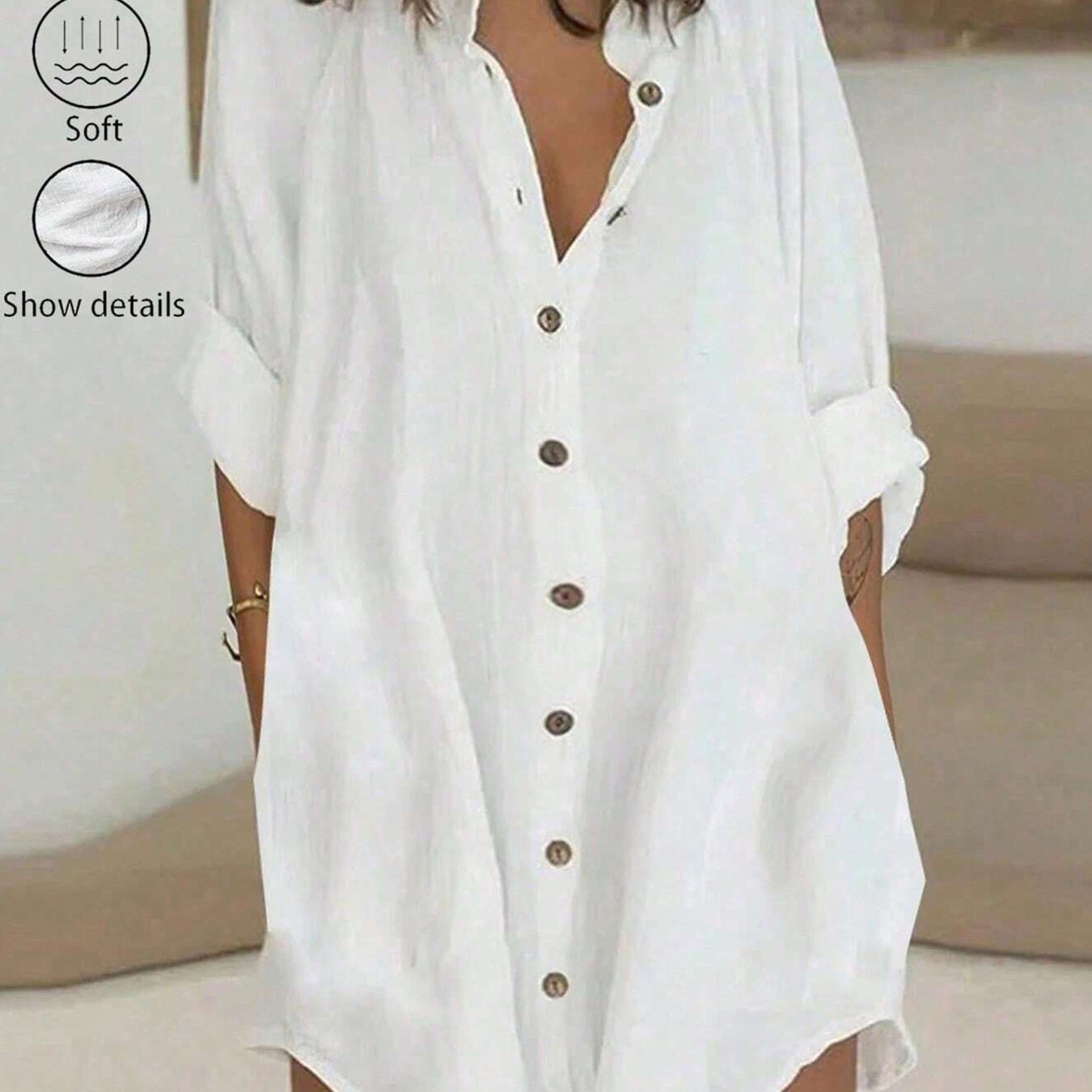 Women's Casual 100% Collared Button- Shirt Dress, Spring/summer Daily Solid Color Three-quarter Sleeve Short Dress