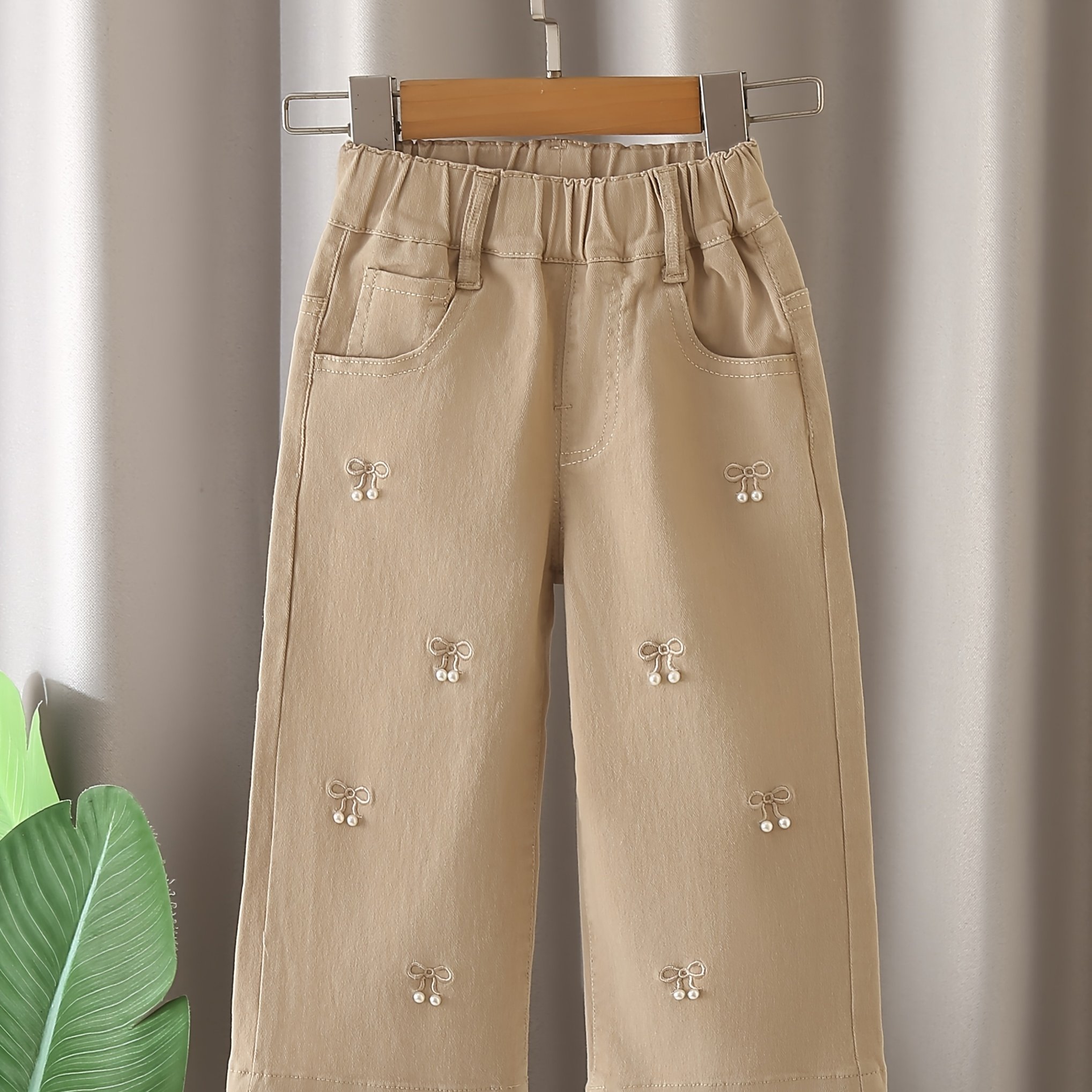 Image of Girls' Fashion Embroidered Pearl Stretch Straight Pants, Spring Loose Trousers For Children, For Outdoor, Autumn Essentials