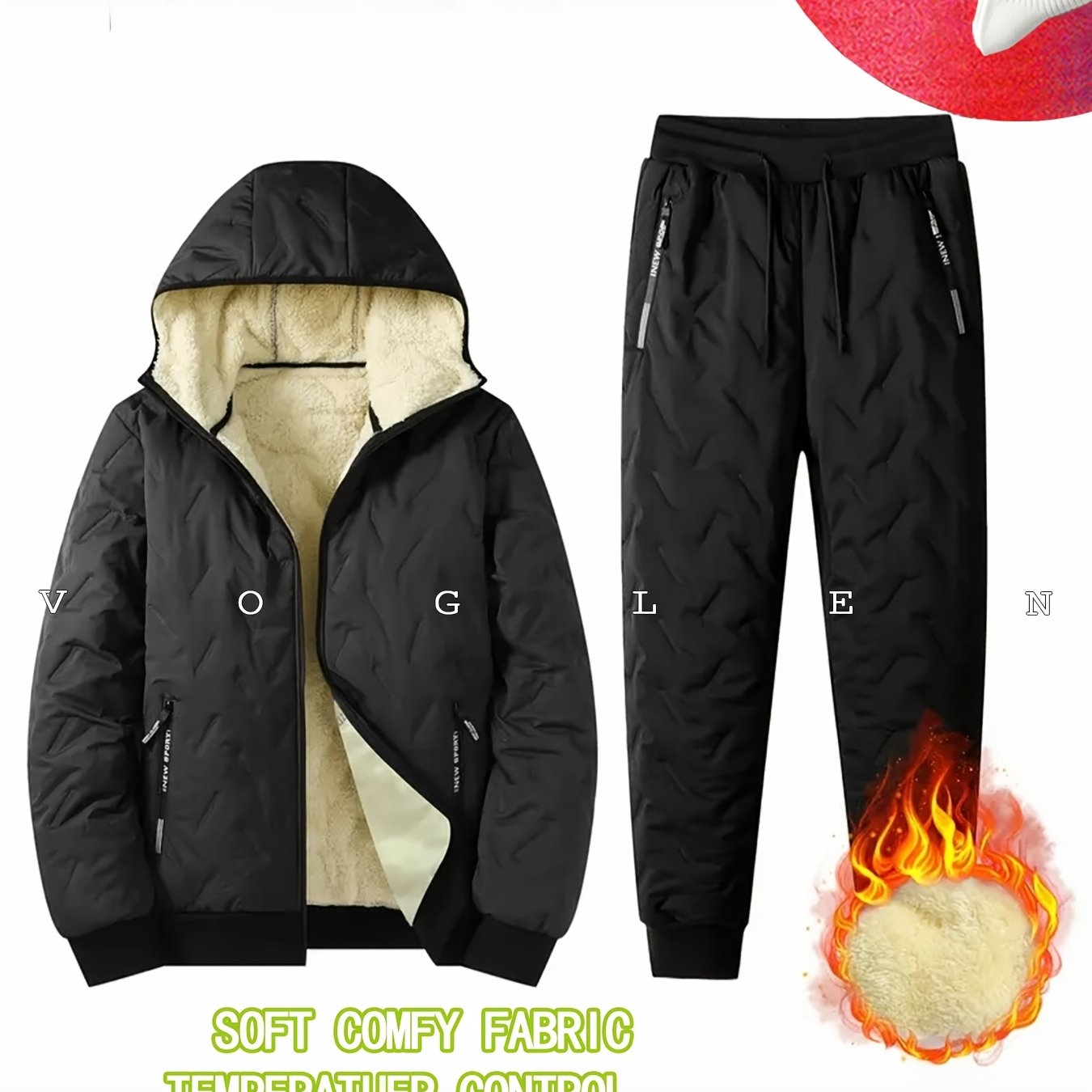 TEMU 2pcs - Autumn/winter Men's Hooded Casual Suit Long Sleeve Jacket And Pants, Men's Winter Casual Jacket Set With Plush Lining Polyester Fabric,