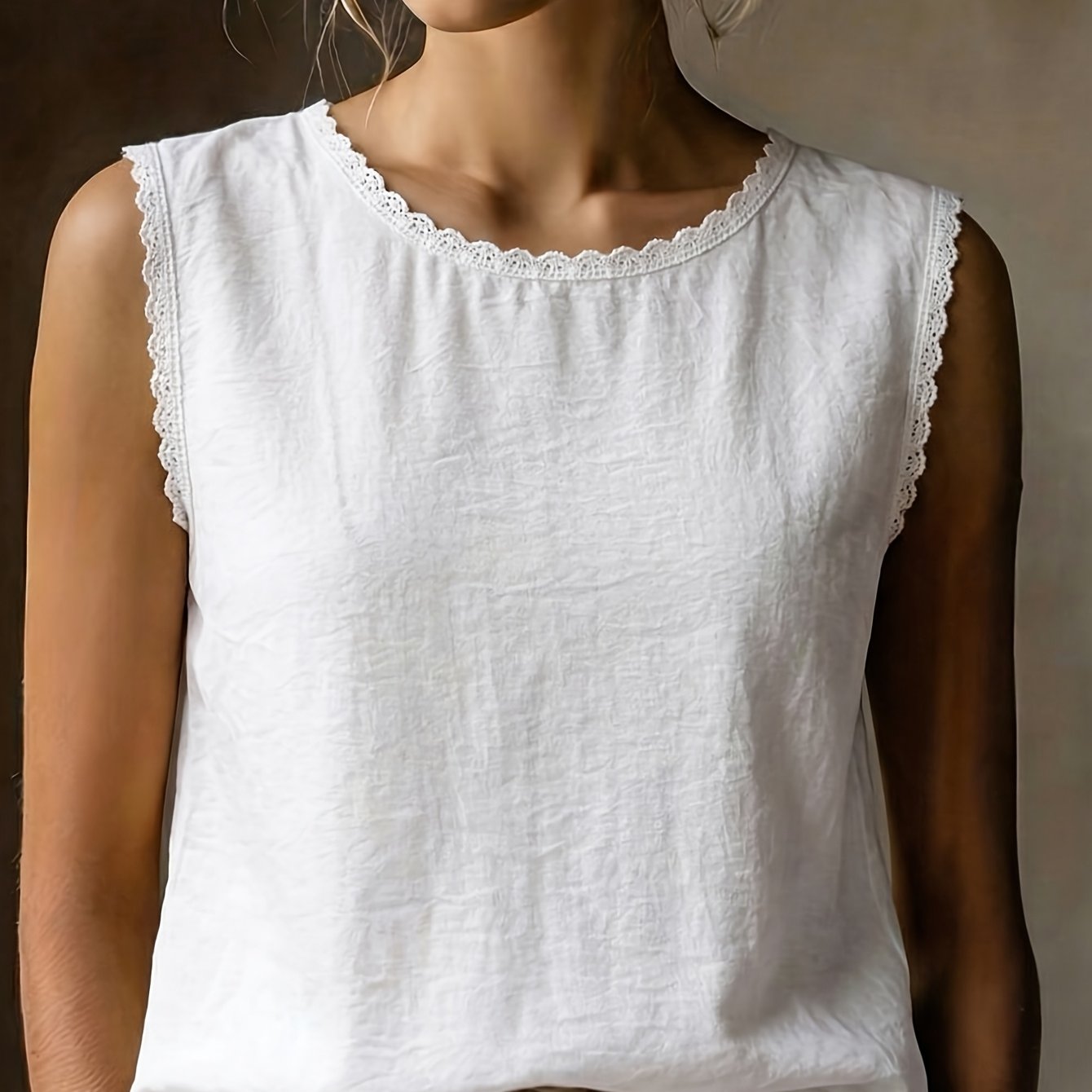 TEMU Gilet manches de style français avec bordure en dentelle, haut de couche de base décontracté respirant à coupe ample et col rond