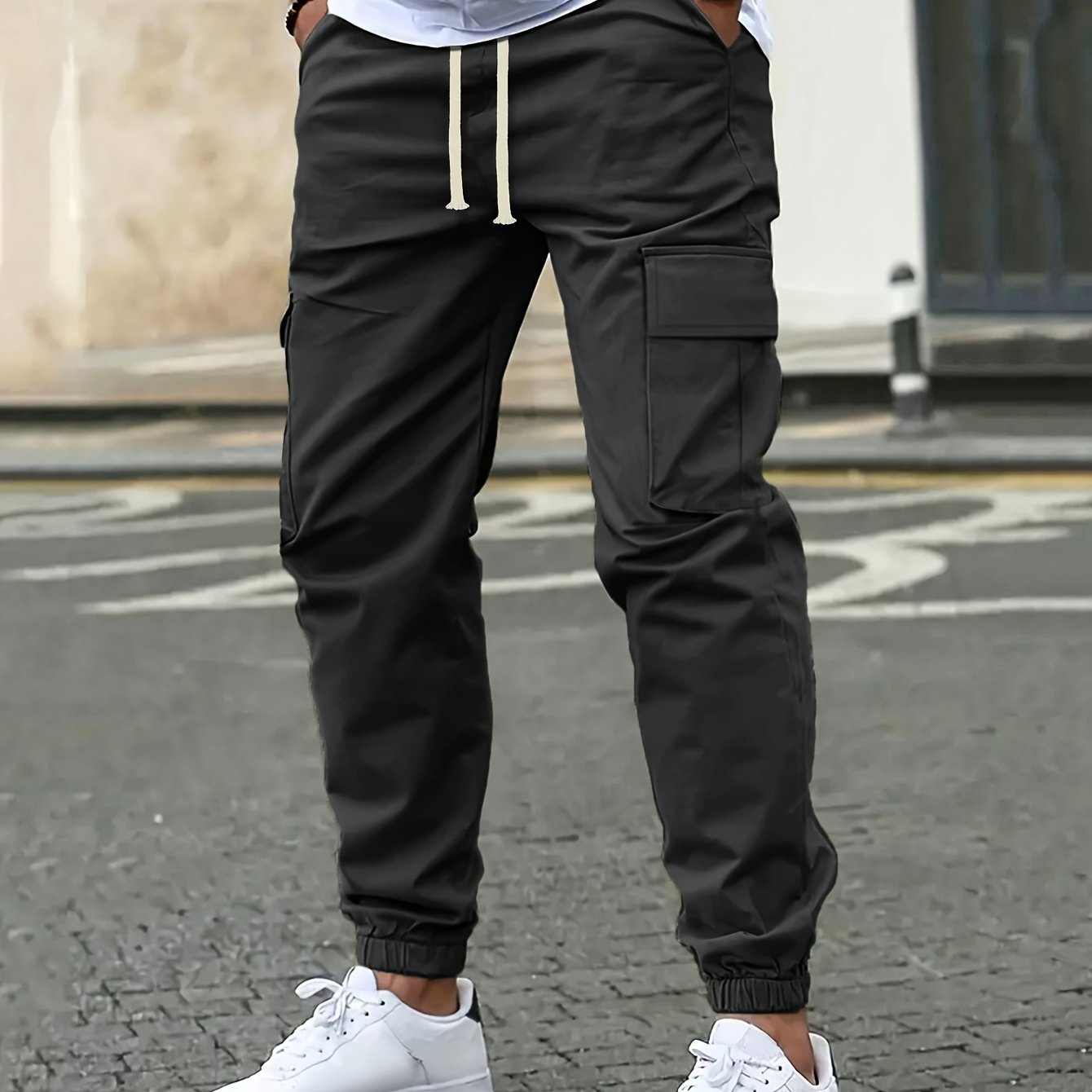 TEMU Men' Solid Color Cargo Pants With - Comfortable Casual Fit For Summer Outdoor Activities, Polyester