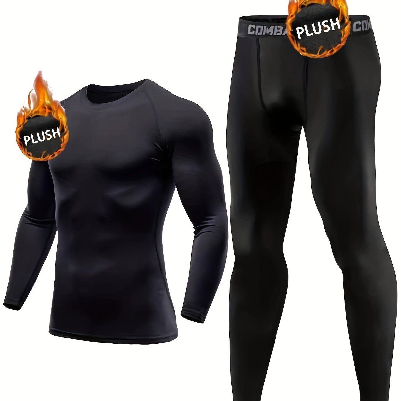 TEMU Men's 2pcs Autumn And Winter Thermal Compression Sports Outfit With Long Sleeves And Pants - Elastic, Suitable For , Cycling, And Running.