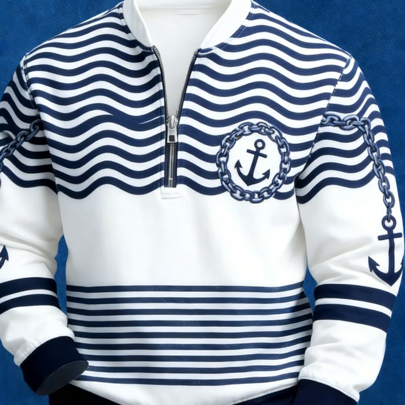 Men's Blue And Pattern Anchor Half-zip Sweatshirt Navy Style Casual Daily Wear Gift Idea