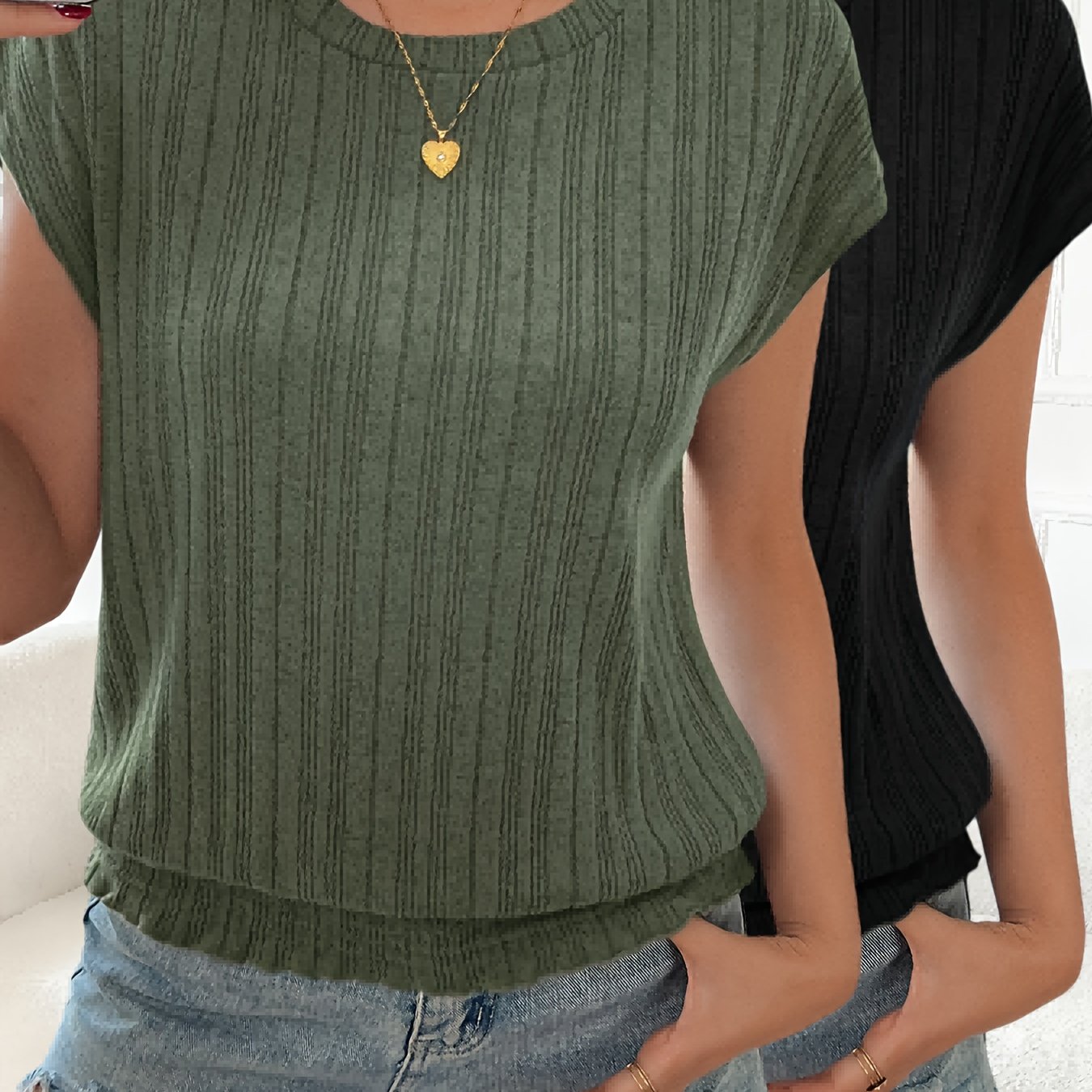 TEMU 2pcs Set Women's Summer New Arrival Solid Color Casual Round Neck Batwing Sleeve T-shirt Top Set