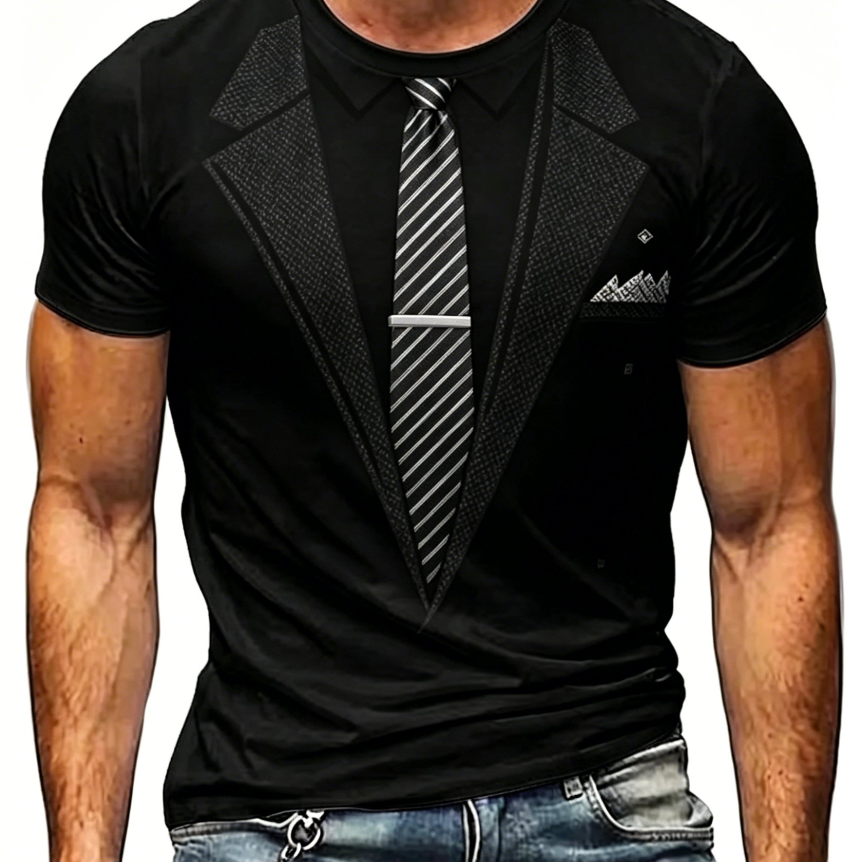 TEMU [printed Design - Not Textured] 2-in-1 Look Suit Tie Fun Low-maintenance Plus Size Men's Short Sleeve T-shirt, Extra Loose Fit, Crew Neck Casual