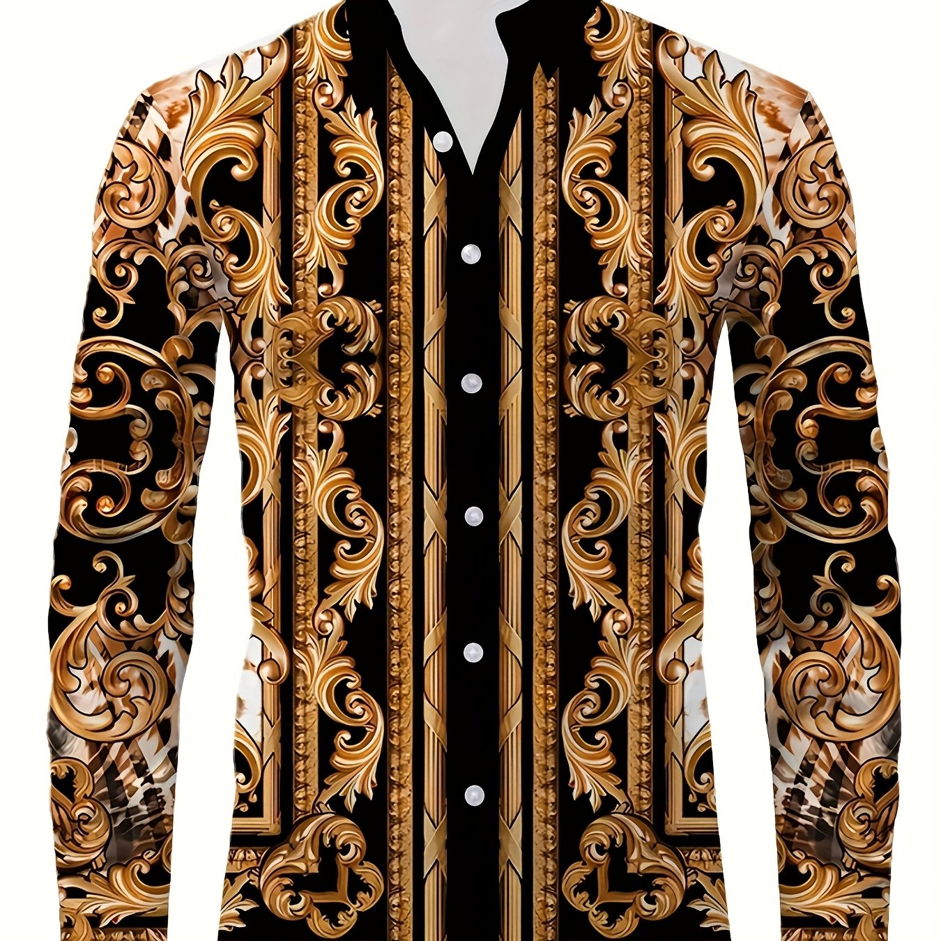 TEMU Men's Vintage Baroque Print Long Sleeve Shirt, Casual Loose Fit Polyester 100%, Single Breasted Lapel Collar, Woven Fabric, Non-stretch, For