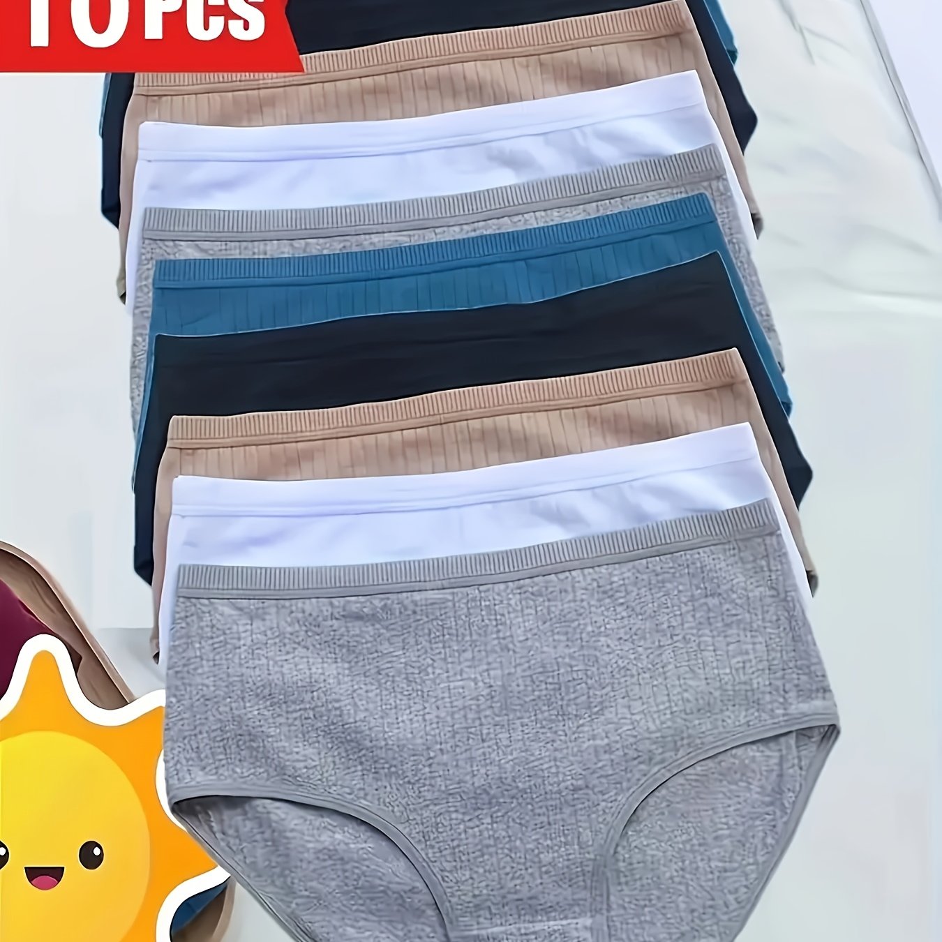 Image of 10pcs Women's High-waisted Underwear - Tummy Control Bikini Cut, Breathable Ribbed Elastic Waistband, Plus Size Assorted Colors (/beige/teal/navy) - Soft Everyday & Elegant