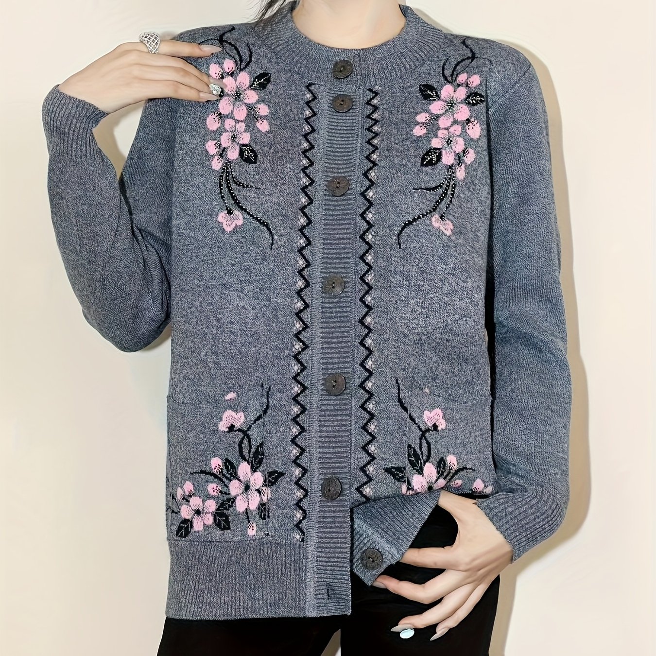 TEMU 1pc Women's Fashion Spring, Autumn, Winter Momwear Round Neck Button-up Cardigan Outerwear, Suitable For Middle-aged And Elderly, Loose Fit