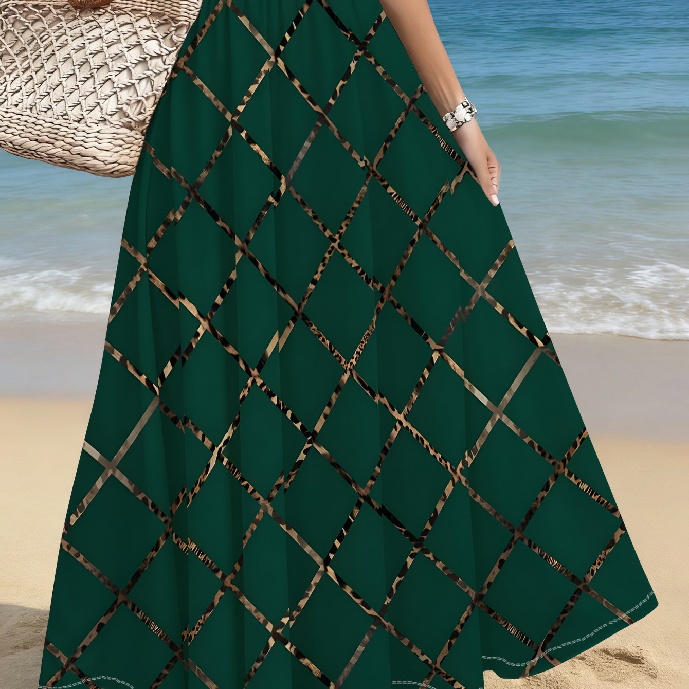 TEMU 1pc Womens Maxi Skirt With Geometric Diamond Pattern, Beach Vacation, Casual Wear, Summer Outfit, Beachwear, Fashion Accessory, , , Seaside ,