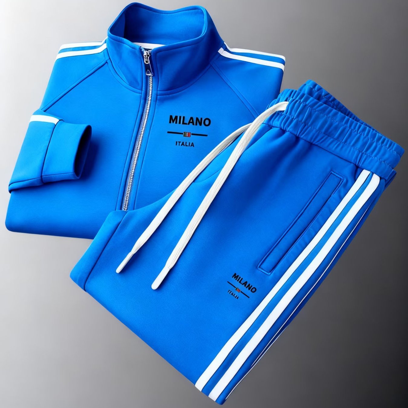 Men's Italia Striped Track Suit Set Casual Sporty Street Style Blue Full Zip Jacket Drawstring Jogger Pants Men's Fashion Adults Casual Wear Sportswear Streetwear