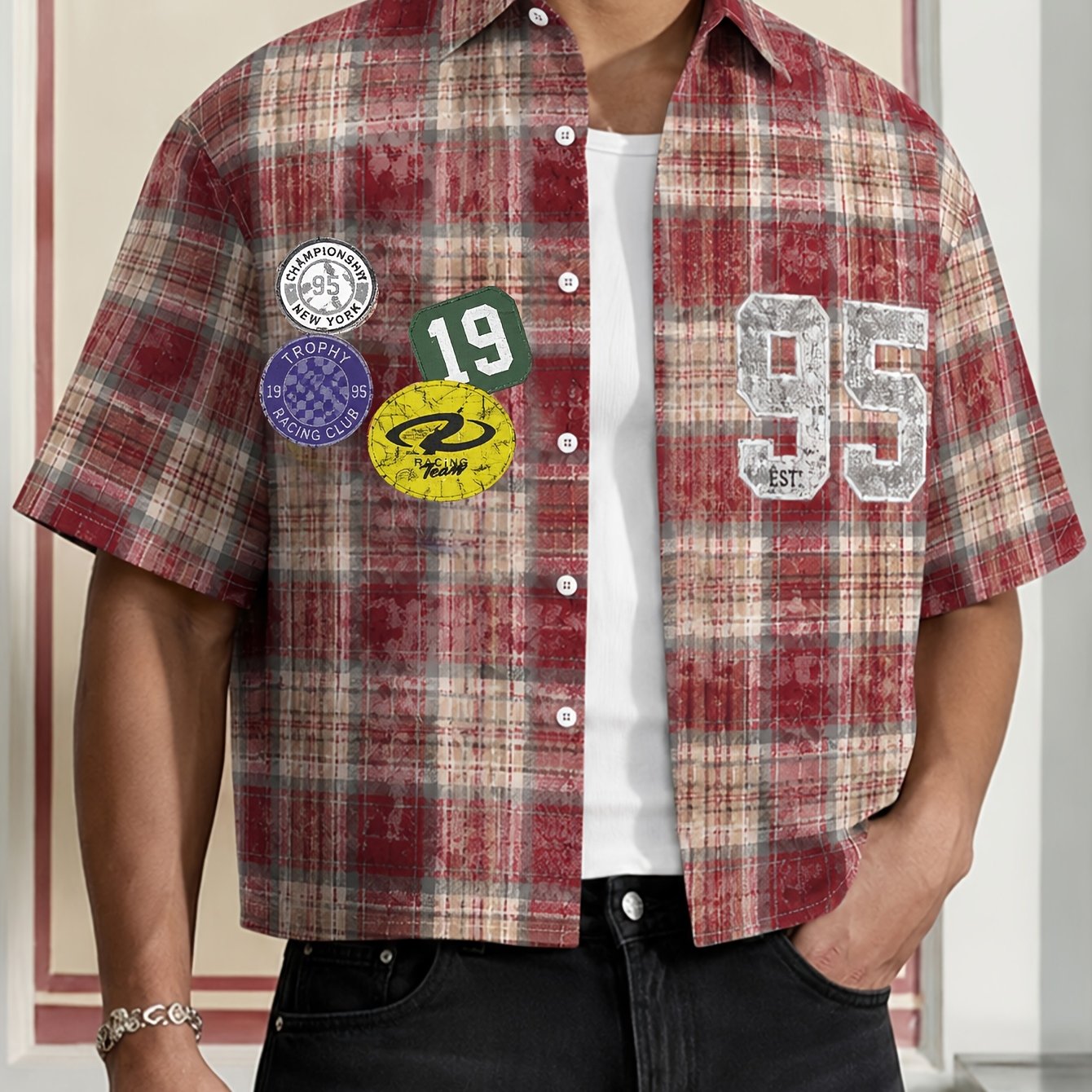 TEMU Chemise à manches courtes à carreaux rouge- vieilli vintage américain, taille homme 95, imprimé cardigan ouvert et