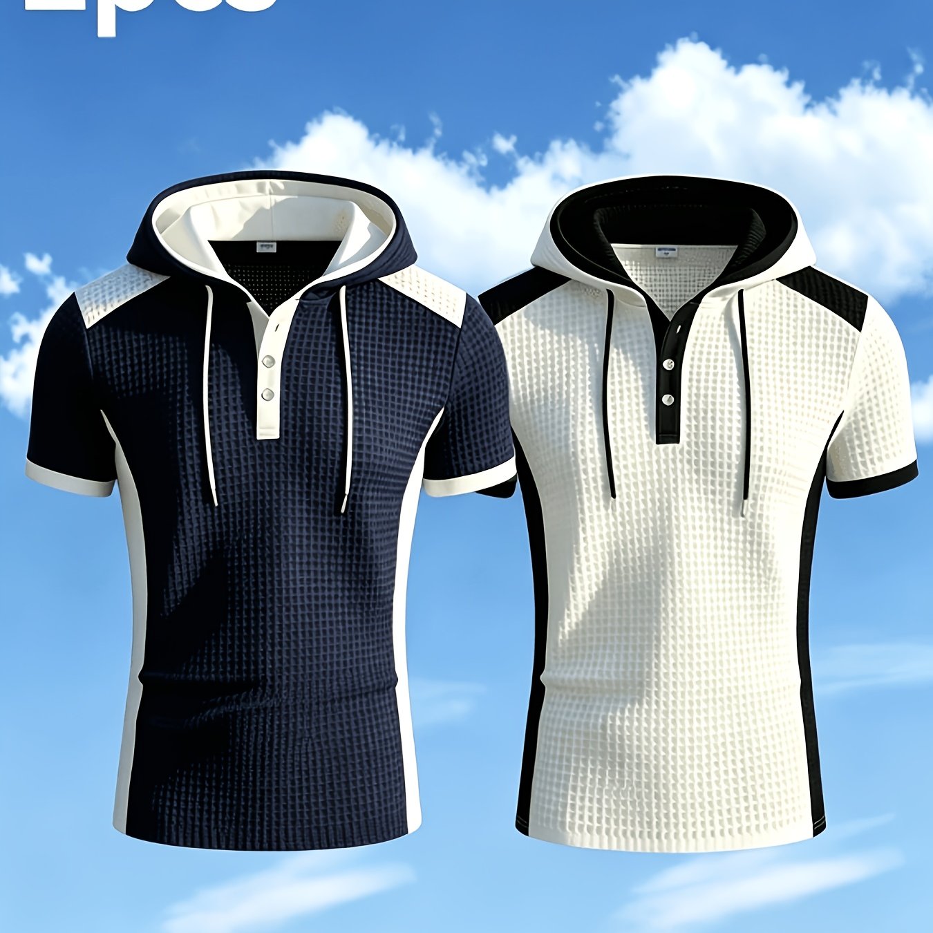TEMU 2pcs Men's New Summer Upgraded Waffle Knit Short-sleeve Hoodie, Fashionable Color-block Design, Niche Textured Feel, Suitable For Gym Wear,