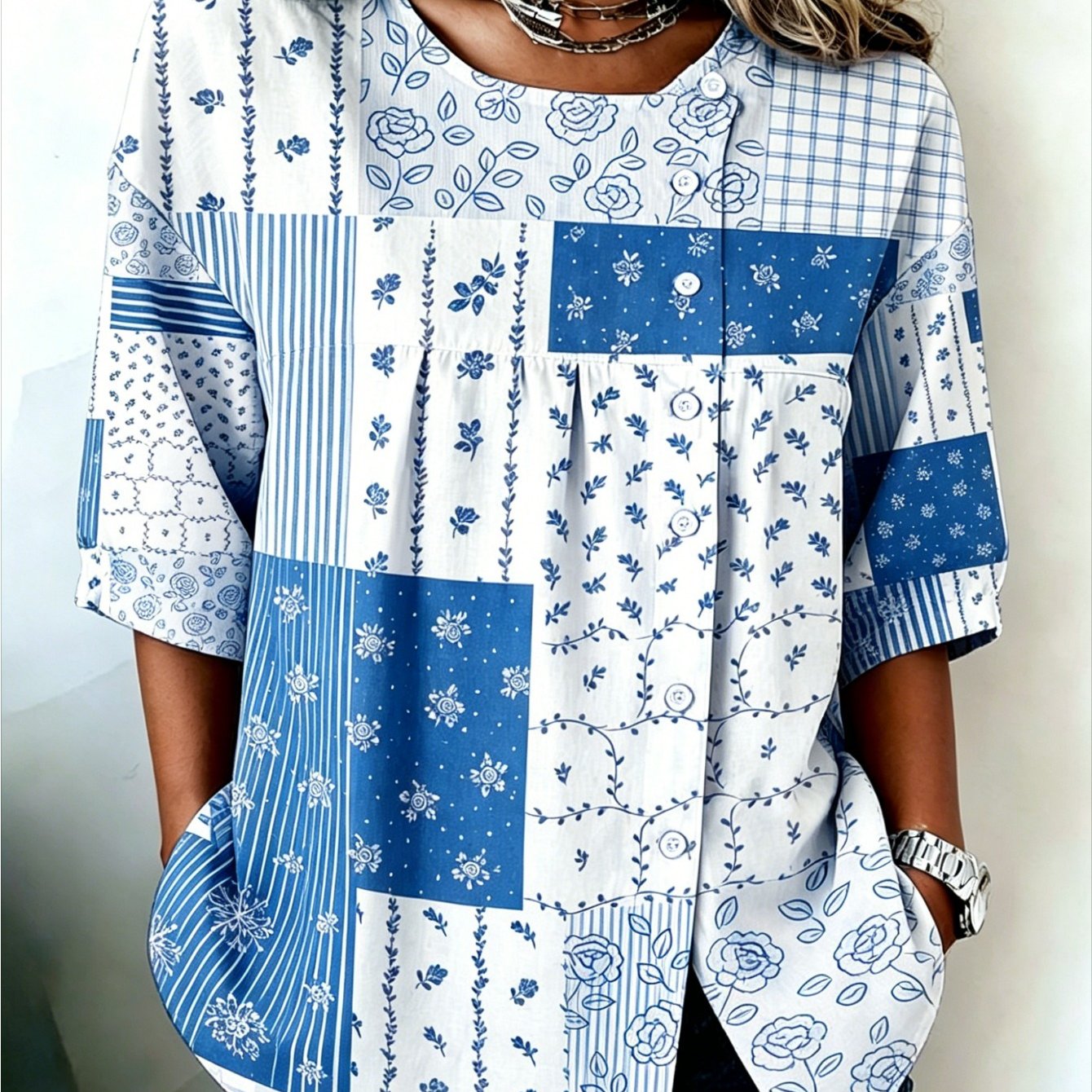 Image of Plus Size - Plus Size Women's Crew Neck Top With Button Beige Floral Printing, Designed Casual Summer Dress, Perfect Gift For Mom, Or Sisters
