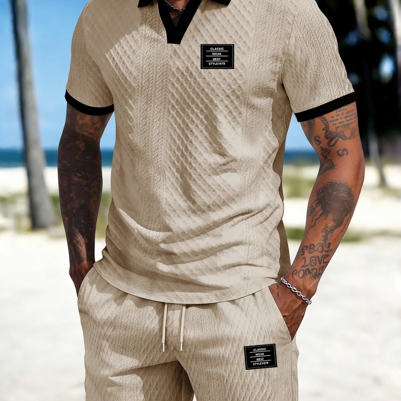 TEMU Men's Casual Sports Style Short-sleeve And Shorts Two-piece Set For Everyday Outdoor Wear, Featuring A Buttonless Design
