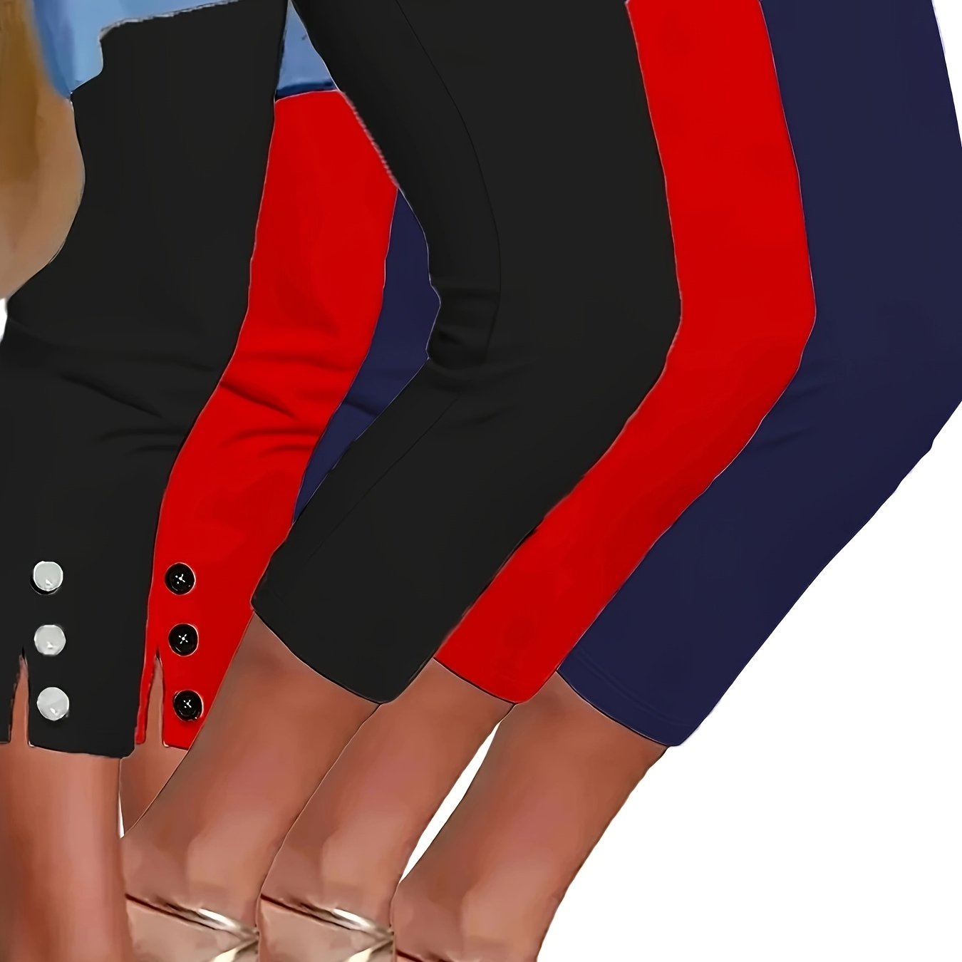 TEMU 3pcs Women's Autumn And Winter Clothing, High-waisted Capri Leggings, Halloween Costumes - High With Fake Button Details, 3 Solid Colors (black, Navy Blue, Red), Machine Washable