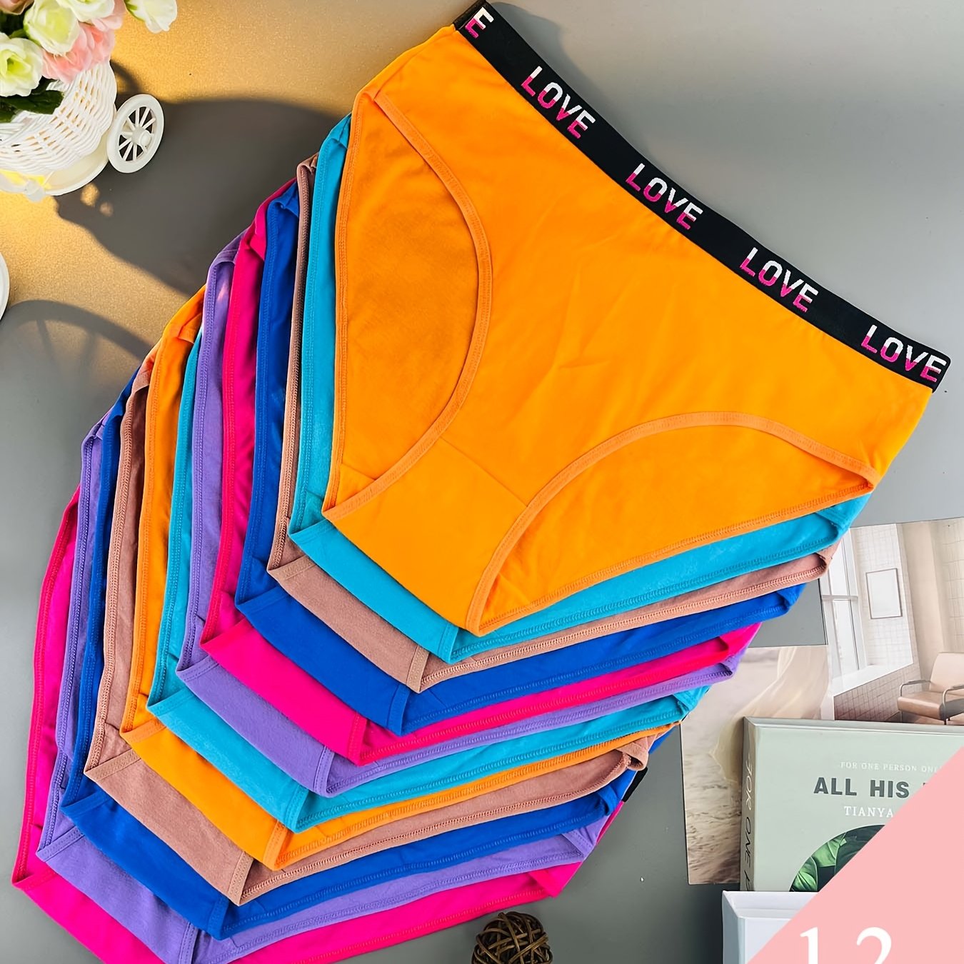 Image of 12pcs [curve Lady Pantys] Plus Size Women's Underwear Sports Letters Waist Solid Colour Simple Breathable Large Size Trousers, Clothing Gifts (colors Random Delivery)