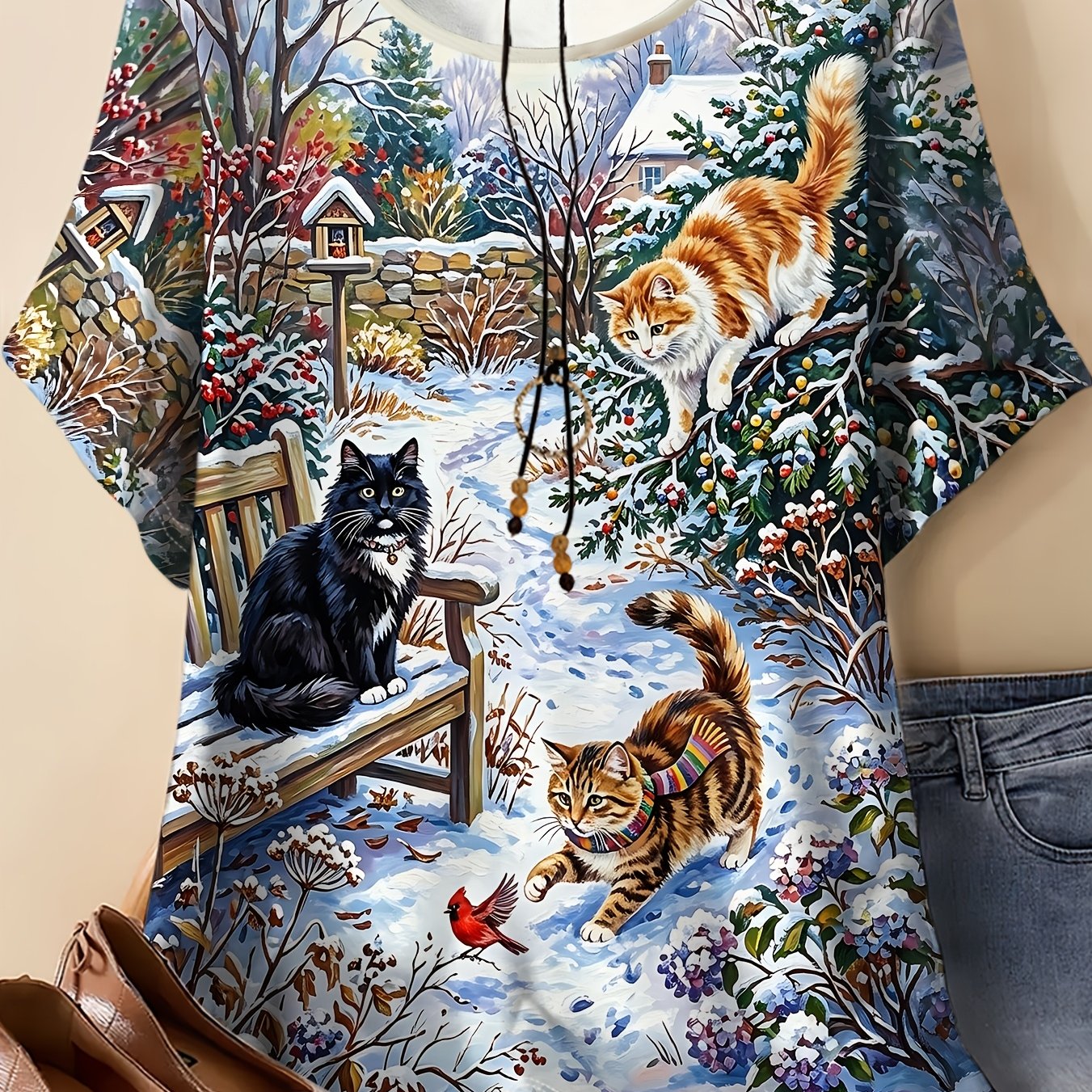 TEMU Women's Summer Plus Size Round Neck T-shirt With Oil Painting Three- Winter Countryside Print