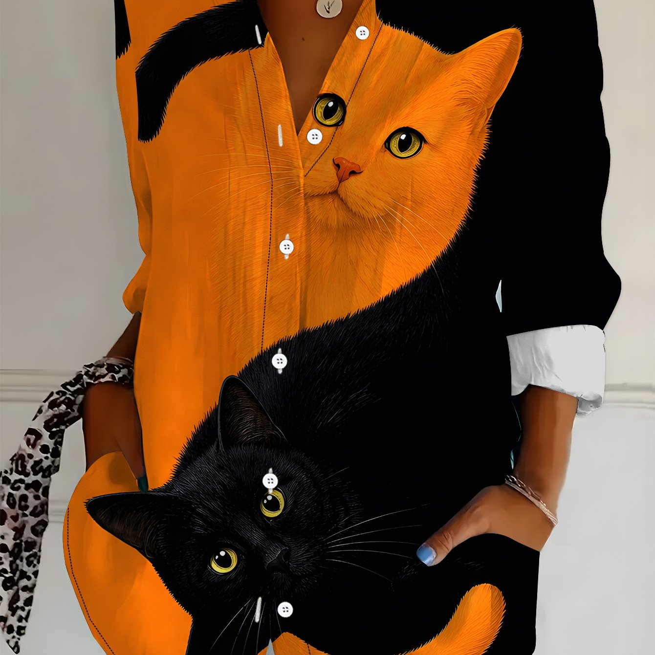 TEMU Plus Size, Plus Size Women's Long Sleeve Shirt With Print, Loose Fit Printed Shirt, Cat Mid-length Long Sleeve Lapel Shirt For Women, Black And