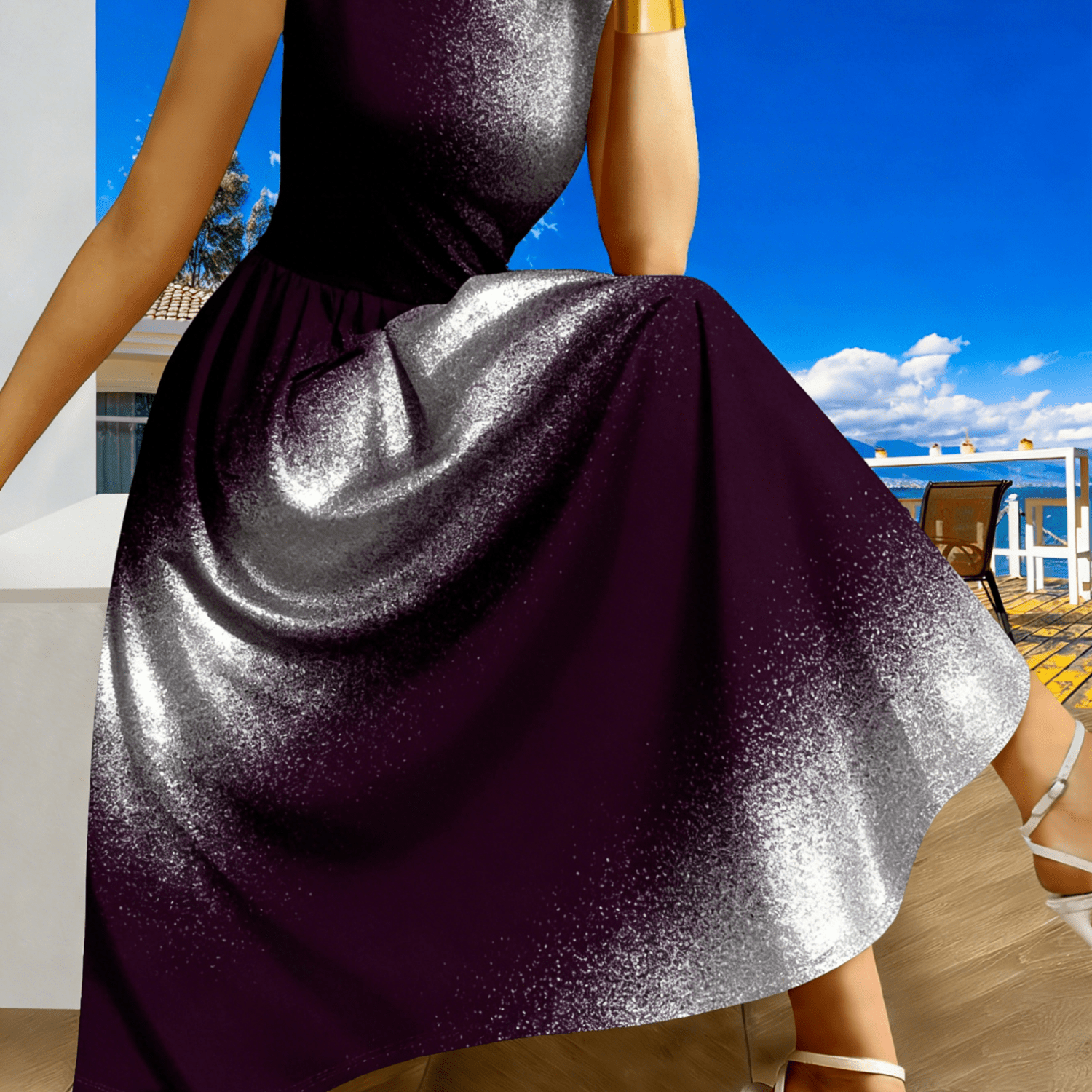 Image of Plus Size, Plus Size Sleeveless Maxi Dress Purple Silvery Ombre Glitter Print Flowy A-line Style Casual Daily Weekend Vacation Party Occasions Wear For Curvy Females