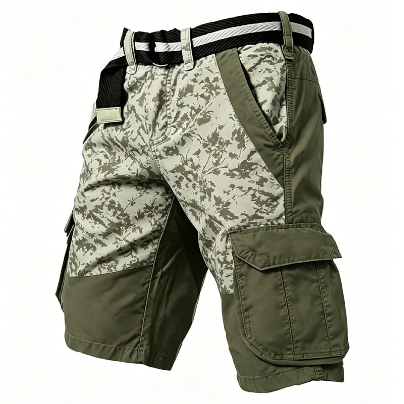 Image of Men's Beige Compass Print Cargo Shorts, Tactical Military Style Multi-pocket Cargo Shorts With Black And White Belt-less Waistband
