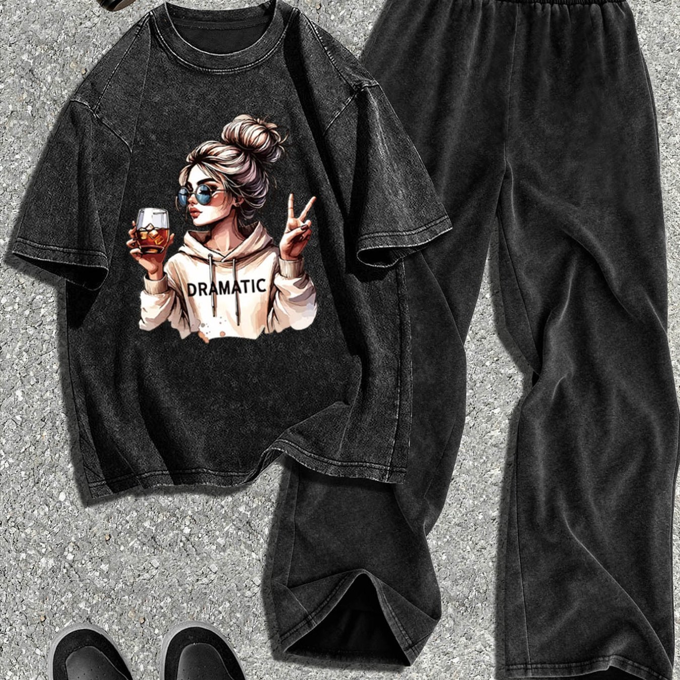 Portrait Print Washed Retro Short Sleeved Pants Set, Fashion Daily Wear, Suitable For Spring And Summer Wear Washed Short Sleeved Pants Set