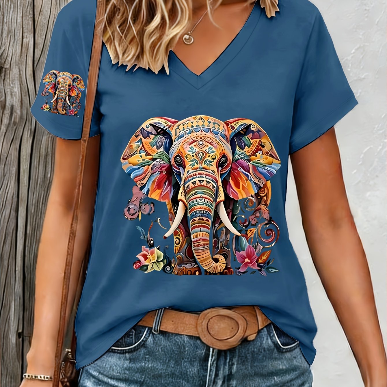 TEMU 1pc Vintage Paisley Texture Animal Elephant Print New Y2k Style Single-sleeve Printed Women's Sportswear Summer Elegant Comfortable Breathable