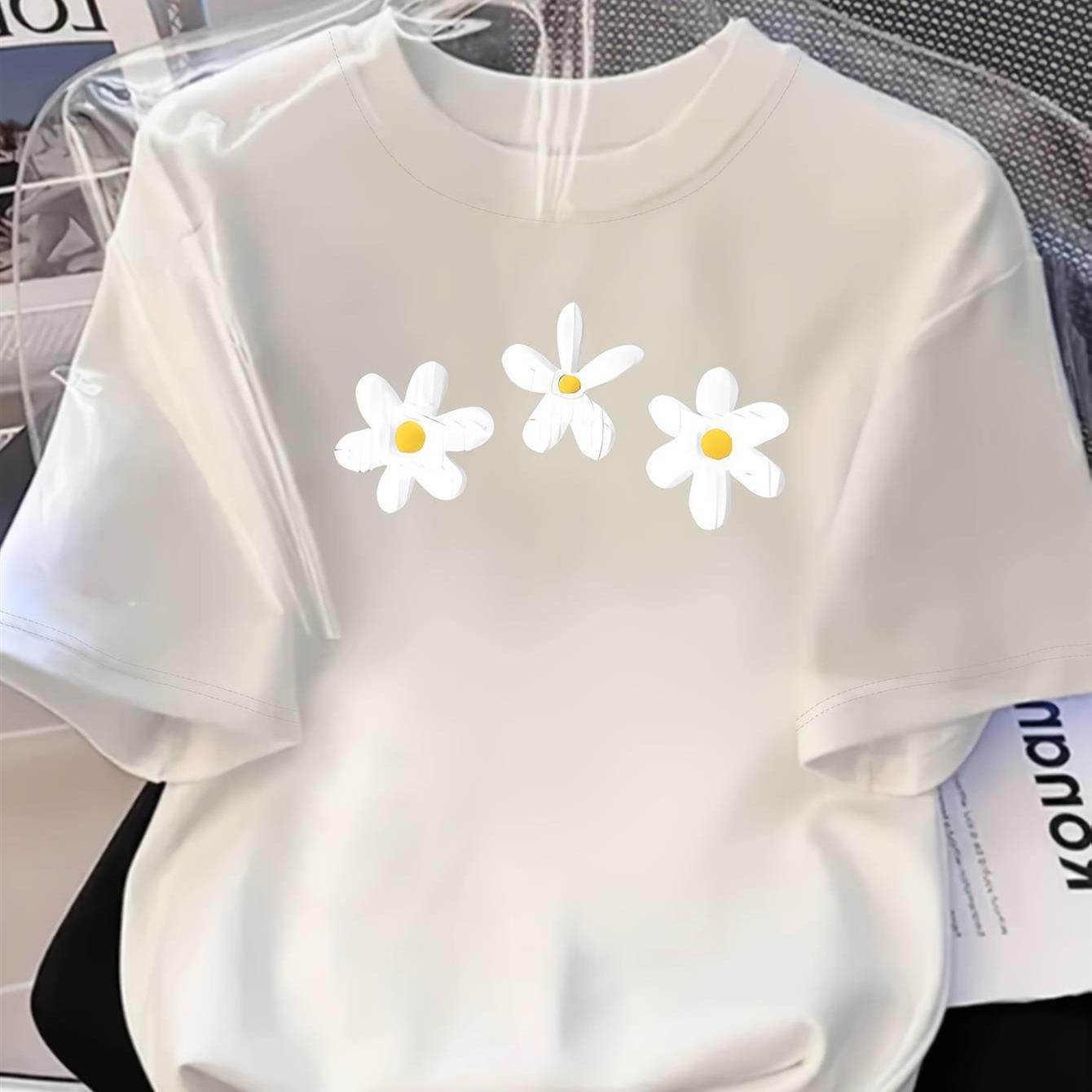 Image of Men's Summer Casual Short Sleeve Tee- Comfortable Round Neck With 3 White Daisy , Breathable Fabric For Casual Attire Outdoor Activities, Leisure Apparel, Drop Shoulder Style, Material