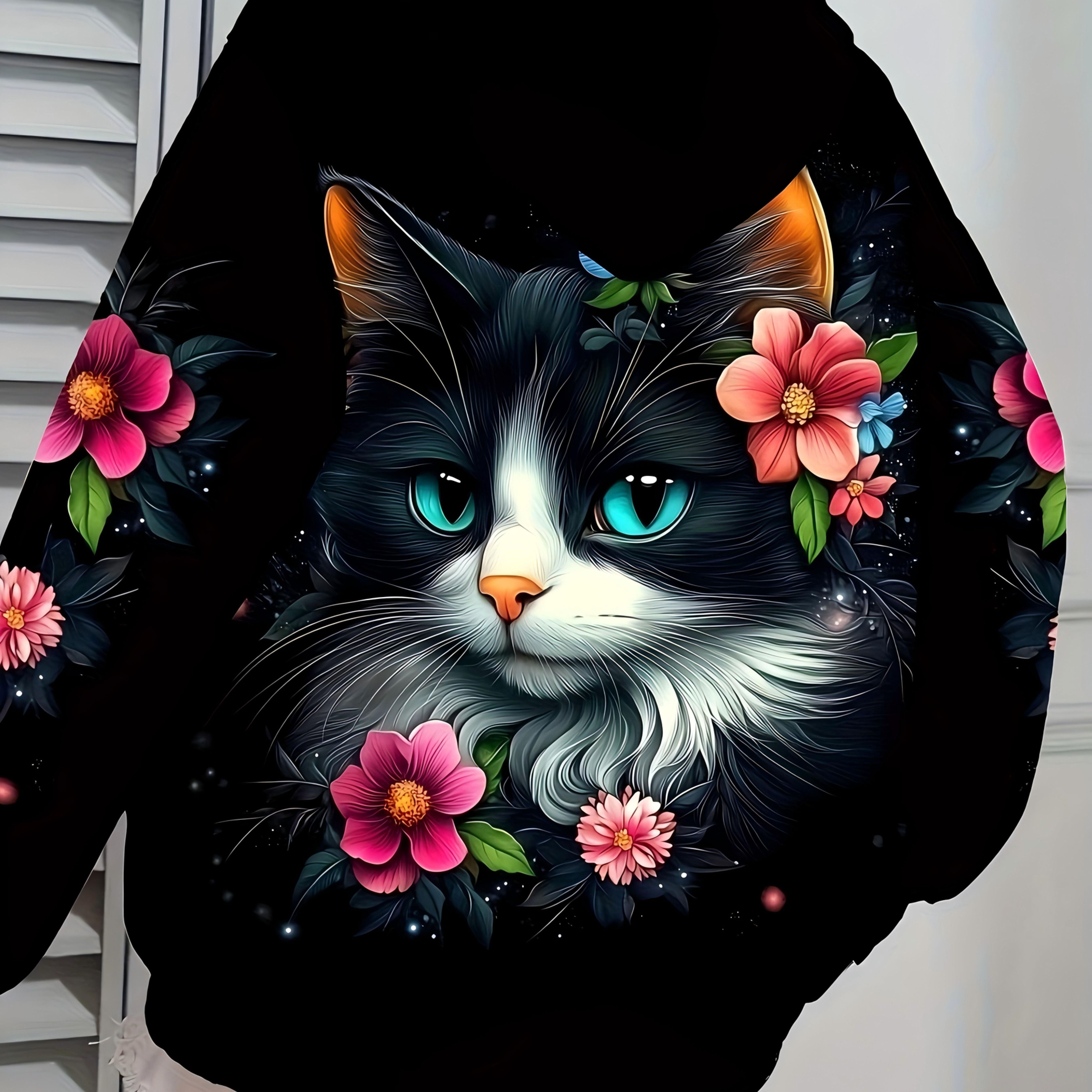 TEMU Damen Plus Size Sweatshirt mit Katzenprint - Schwarzer Pullover mit blauen Augen, bequemer Herbst Winter Kapuzenpullover für und formelle