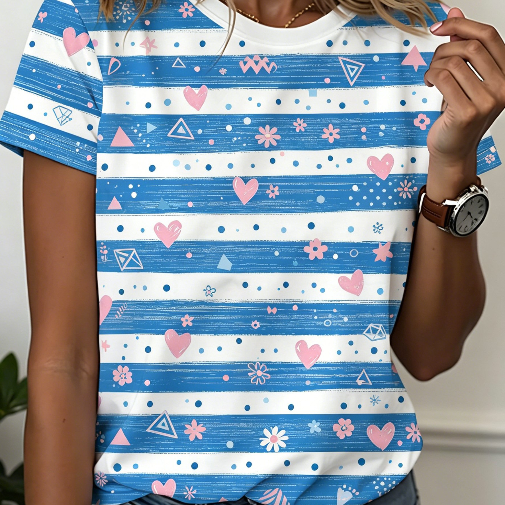TEMU Plus Size - Flat Print Blue And White Striped Heart Floral Short Sleeve, Fresh Hand-drawn Pattern, Summer Style Casual Top