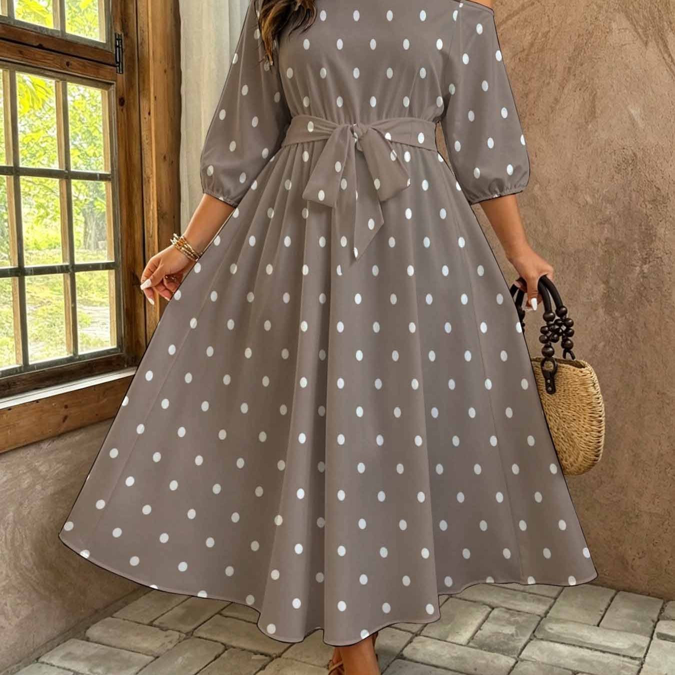 Image of Plus Size, Plus Size Women's Polka Dot Print Off Shoulder Long Dress Vintage Retro Summer Casual Belted Relaxed Elegant Long Dress, Soft Brown Fabric With White Dots