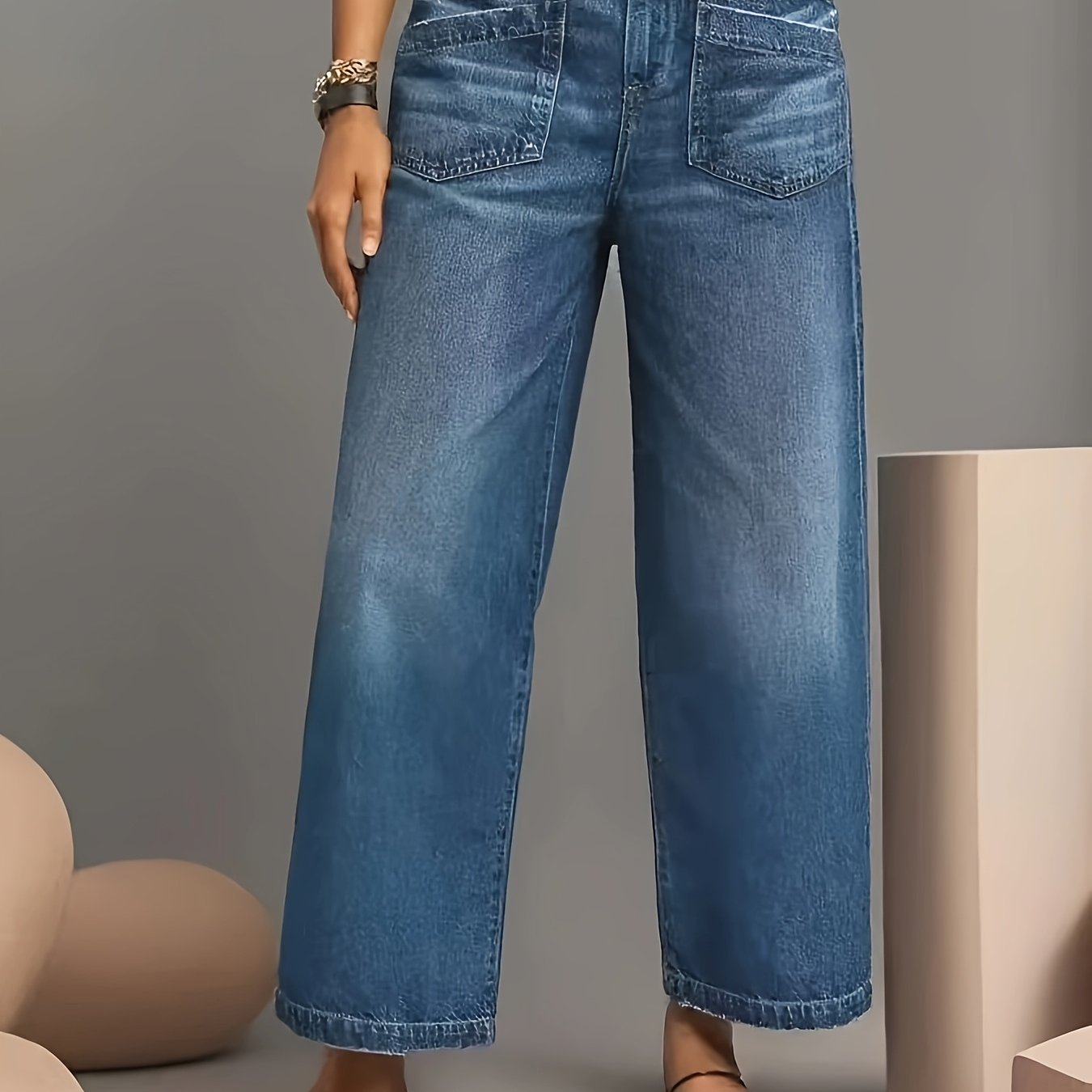 Image of D8812# Stretch Mid-waist Wide-leg Plus-size Jeans, Vintage Washed, Distressed Hem, Slant Pockets, Ankle Pants