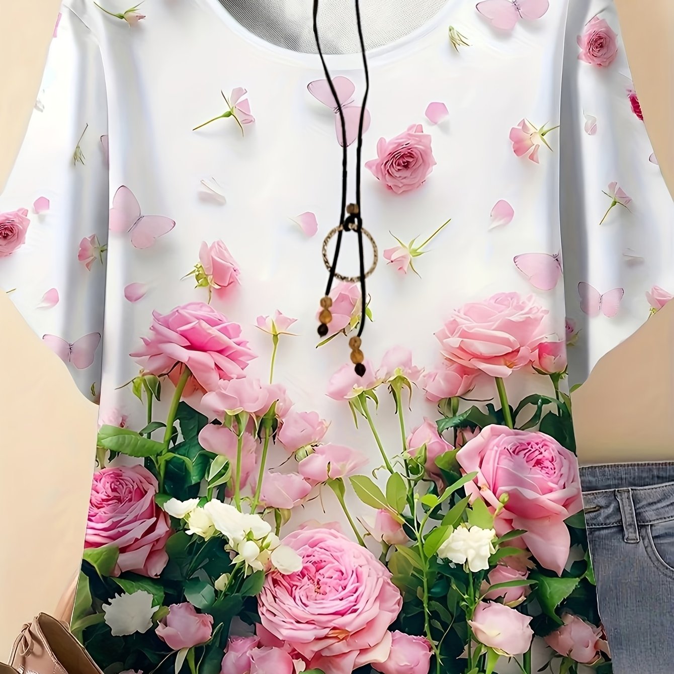 TEMU Plus Size Women's Full-body Pink Rose & Print T-shirt - Soft Breathable Short Sleeve Blouse Suitable For Daily Wear, , Round Neck Casual Top For