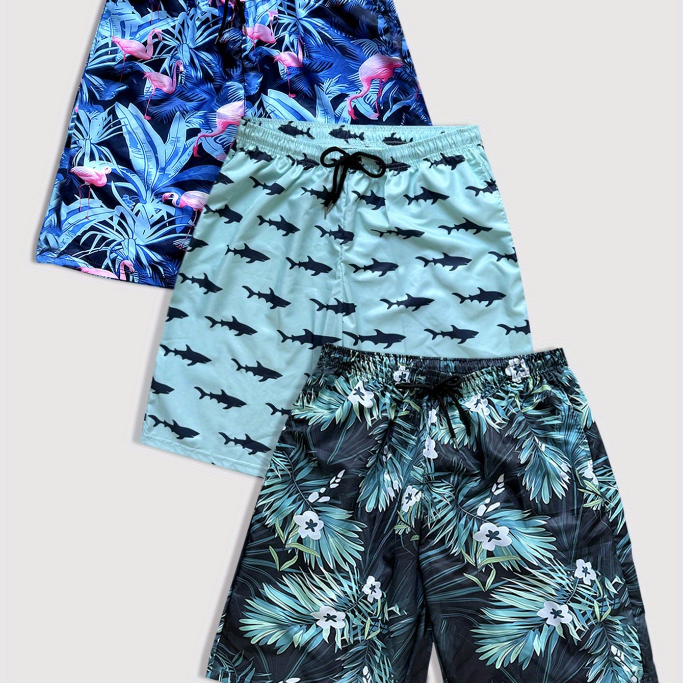 TEMU 3pcs Men's Tropical Print Swim Shorts - Hawaiian Beachwear With Vibrant Floral & Shark Patterns, Quick-dry Lightweight Fabric, Drawstring Waist