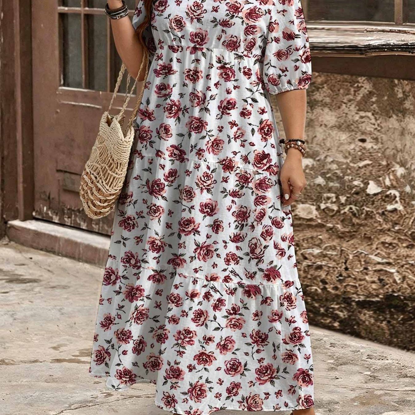 Image of Plus Size - Summer Plus Size Printed V-neck Bubble Sleeve Maxi Dress For Women. Layered Cake . Elegant Feminine Romantic Bohemian Loose Fitting Resort Holiday Vacation Midi Dress