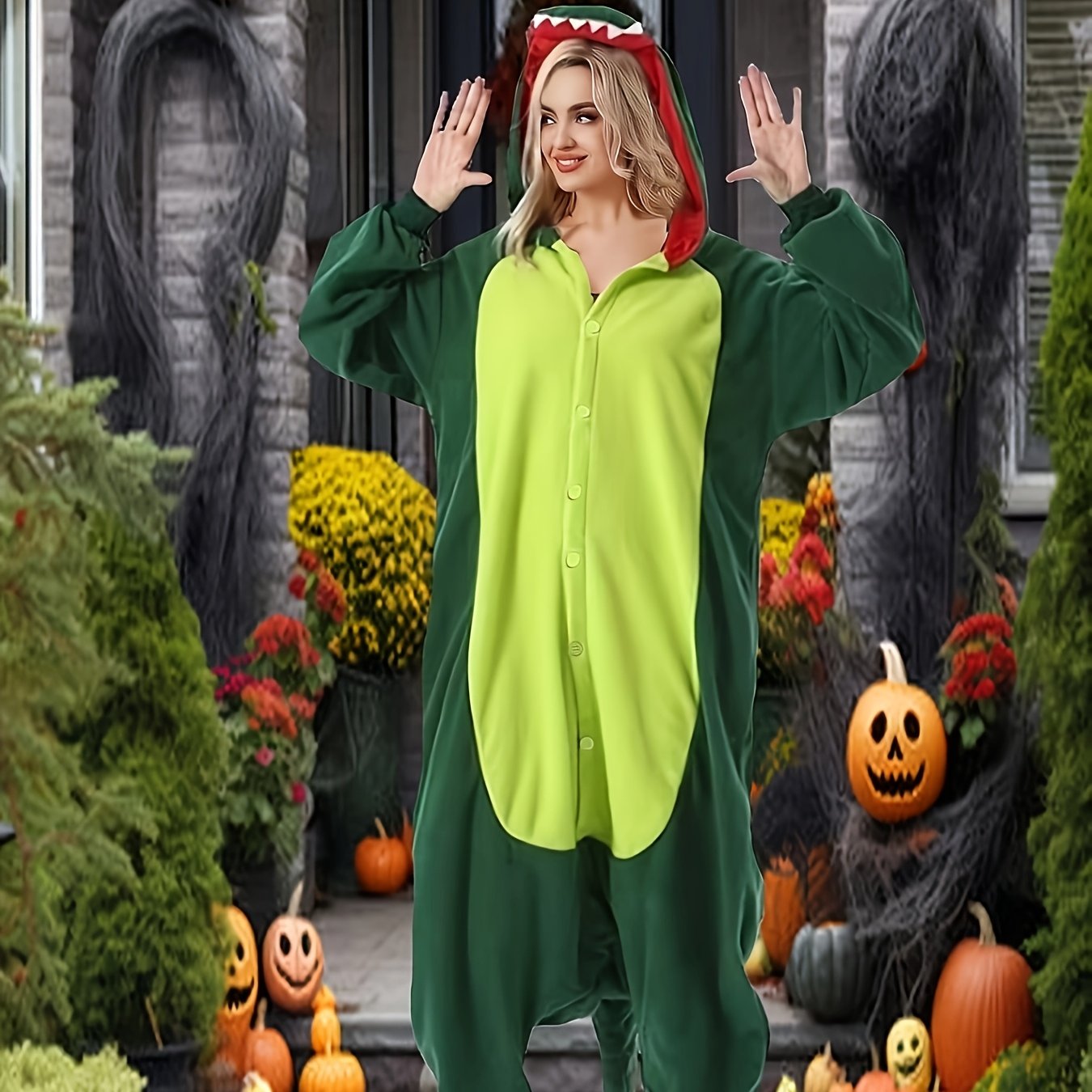 Image of Christmas Adult Halloween Onesie, Long Sleeve Crew Neck Romper With Button Details, Polyester Fleece Material, Stretch Fabric, Solid Color Pattern, Fall/winter Season