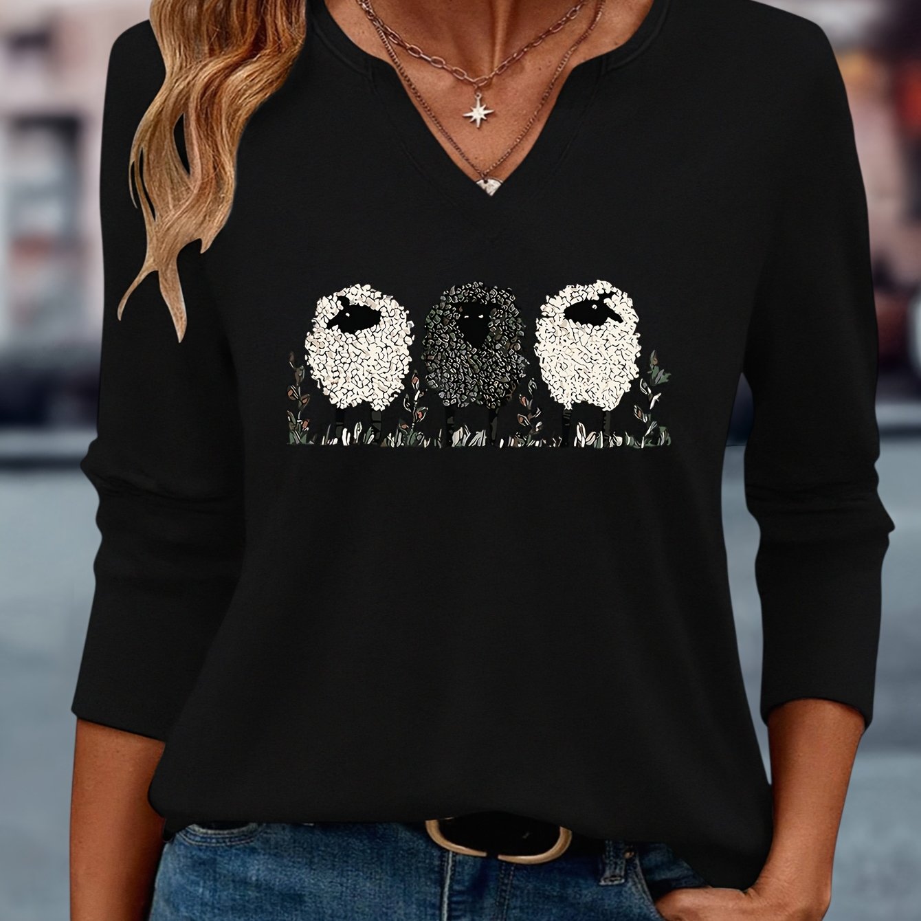 TEMU Women's Spring/autumn Top With 3 Sheep Abstract Illustration Print, Suitable For , Simple And Versatile Casual V-neck Three-quarter Sleeve