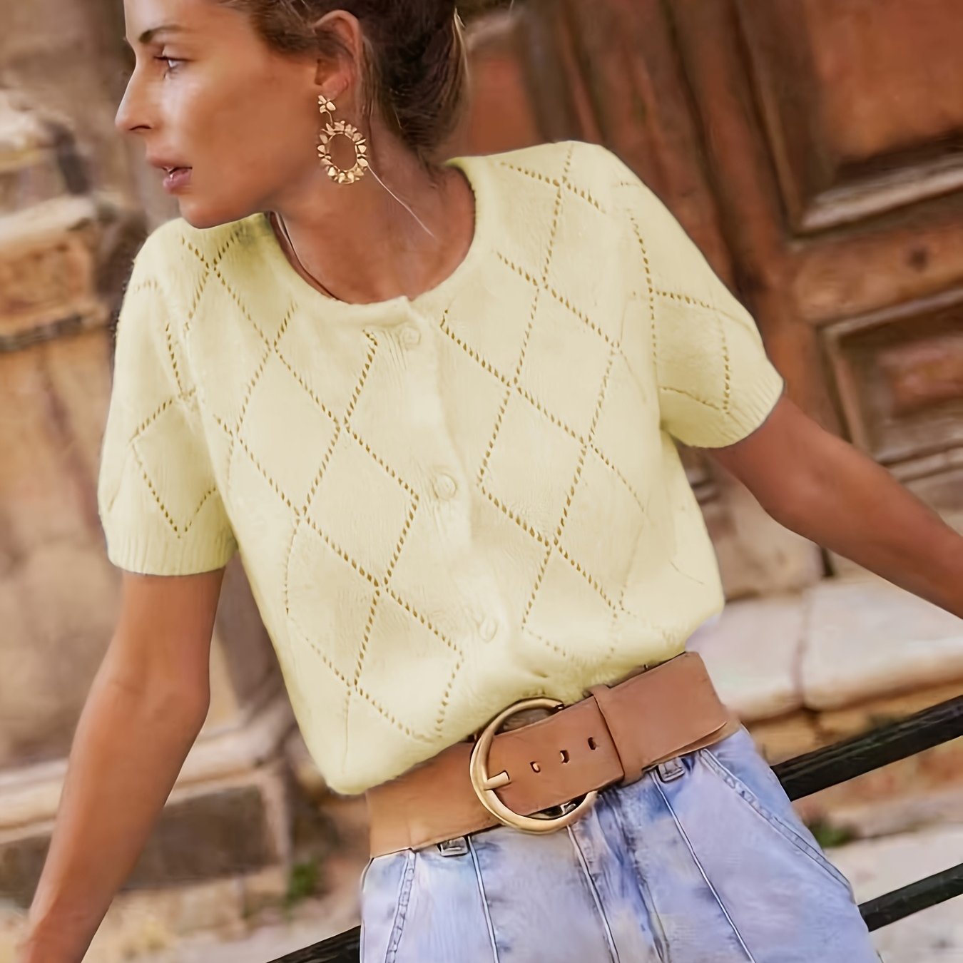 E-shop Damen-Cardigan, offener Kurzarm-Cardigan mit Rundhalsausschnitt, einfarbig, einreihig mit Knöpfen, für Damen, Frühling/Sommer, lässig,