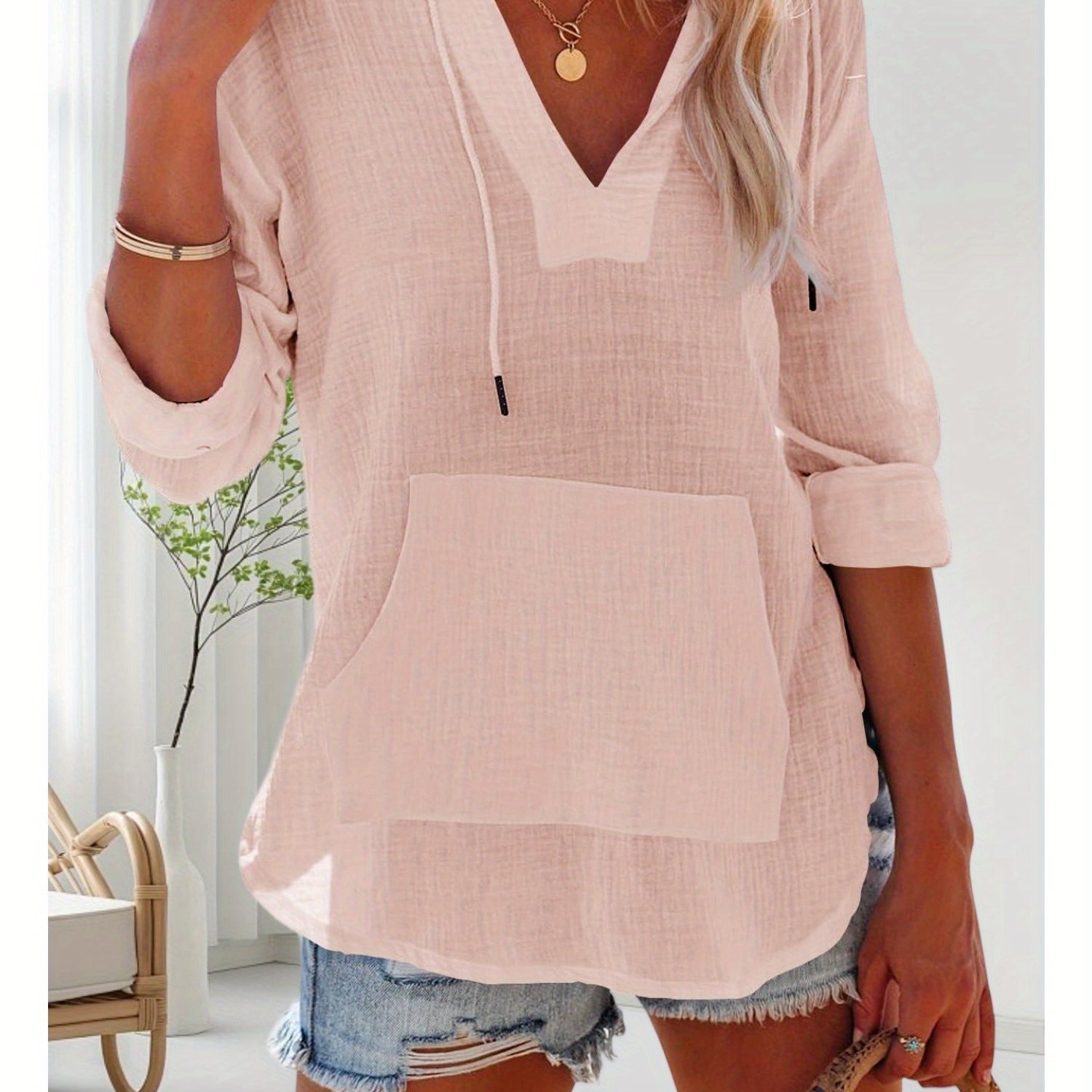Image of Women's Beach Cover-up Hoodie Sweatshirt | Long-sleeve V-neck Hooded Top With Pockets, Casual Summer Style