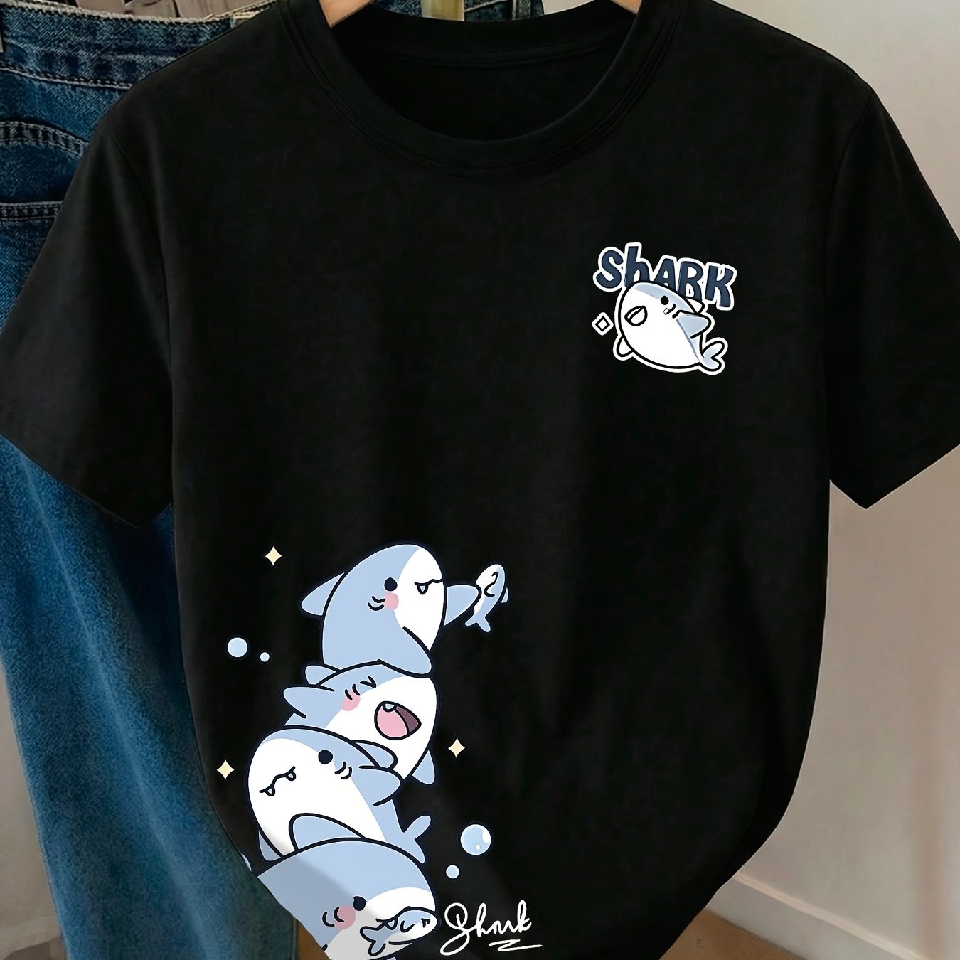 TEMU Soft And Cute "shark" Letter Q-version Cartoon Shark Print, Women's Round Neck Short Sleeve T-shirt, Women' T-shirt, , Relaxed Style, Suitable