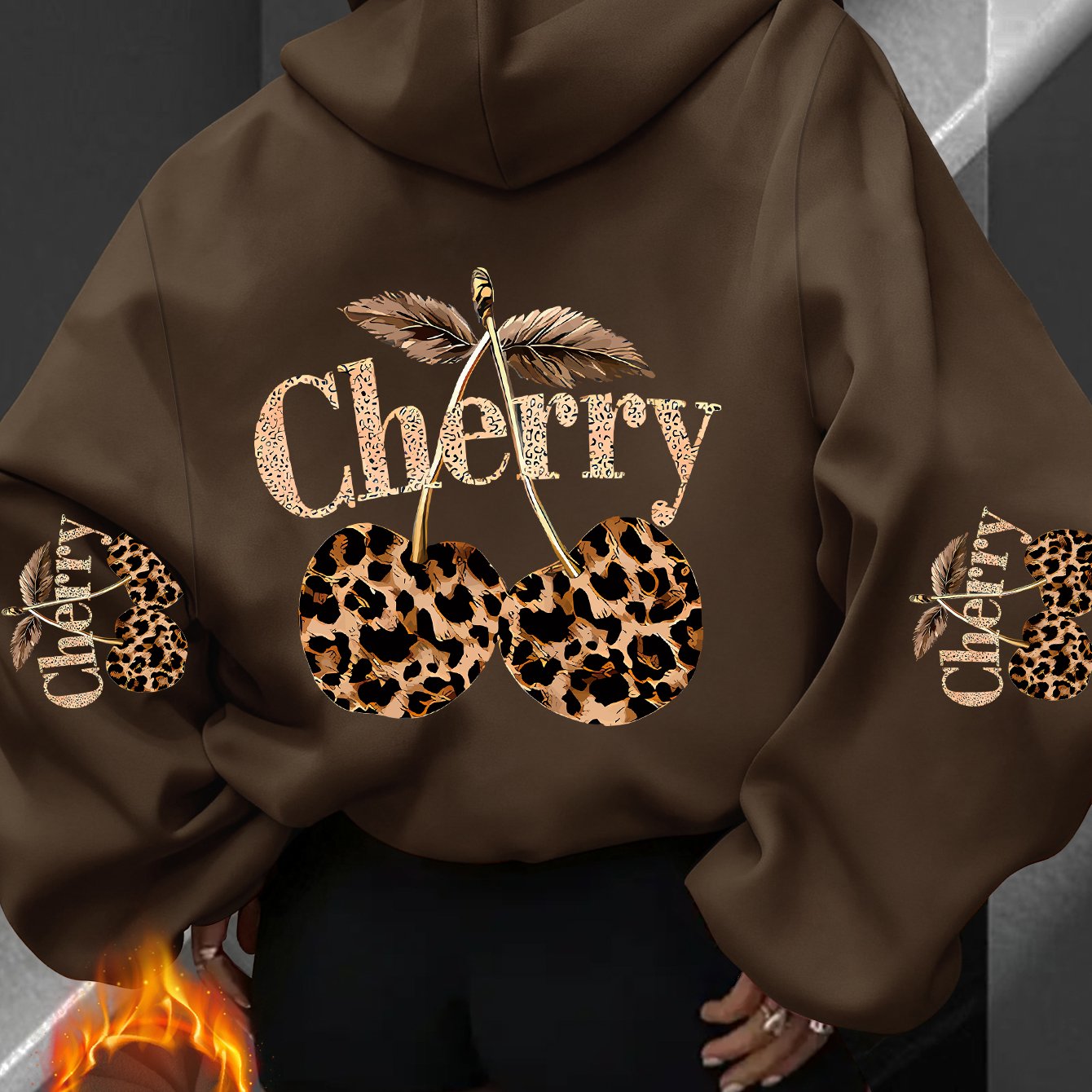TEMU Women's Spring Clothing Fashion Athletic Hooded Sweatshirt, Leopard Print Cherry And "cherry" Personalized Fun Pattern, Elegant Casual , 100%